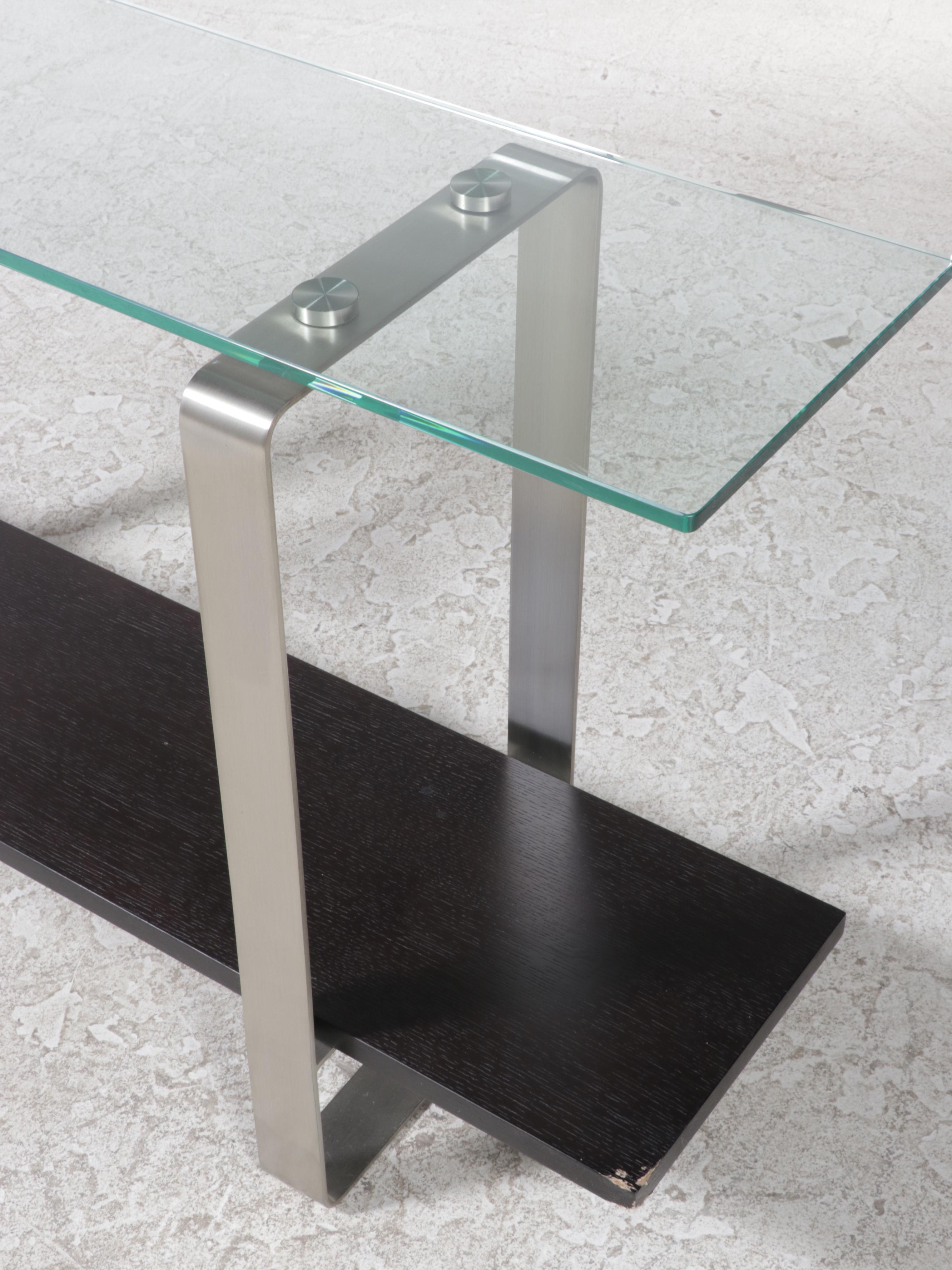 Modernist Style Brushed Steel, Hardwood-Veneered, and Glass Top Console Table