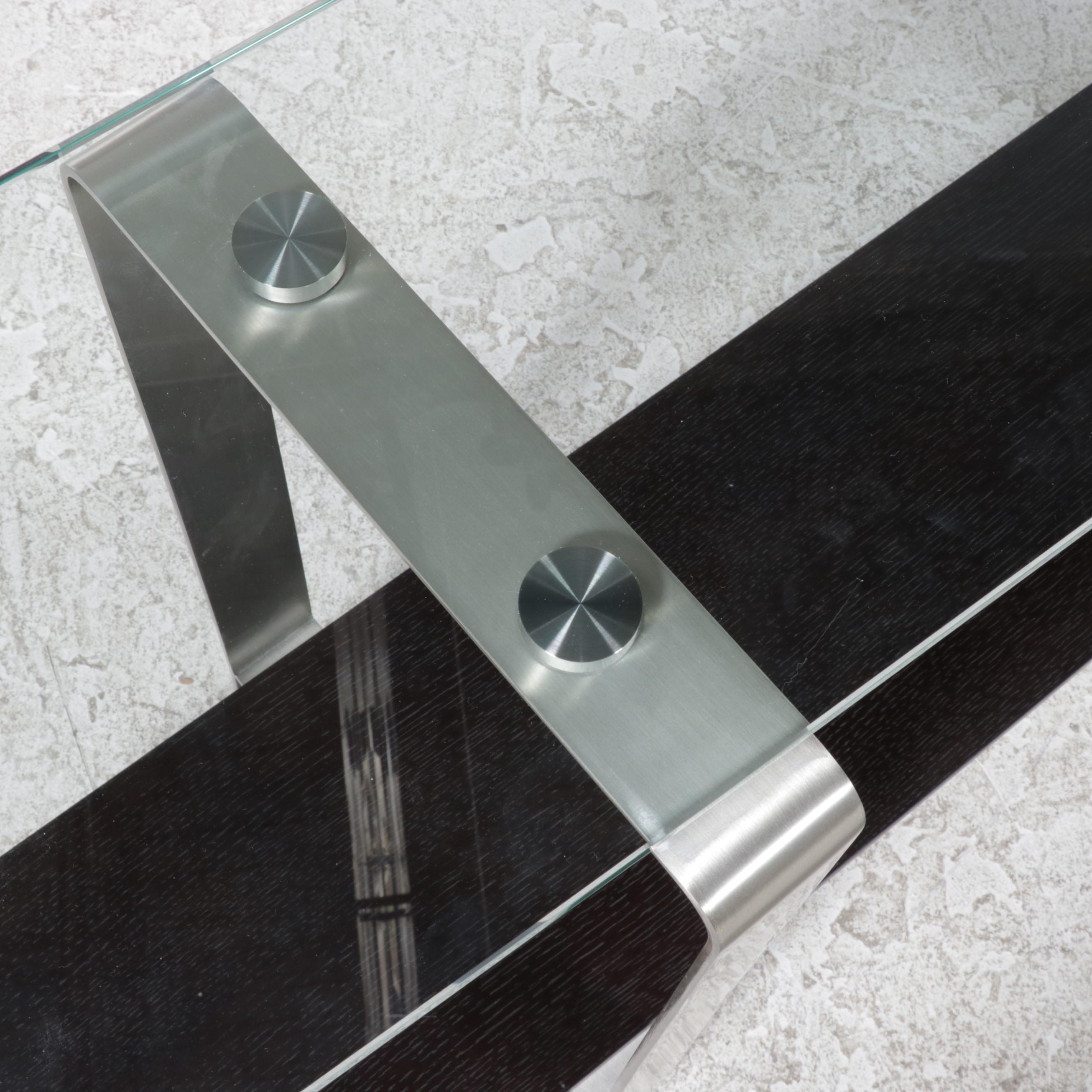 Modernist Style Brushed Steel, Hardwood-Veneered, and Glass Top Console Table