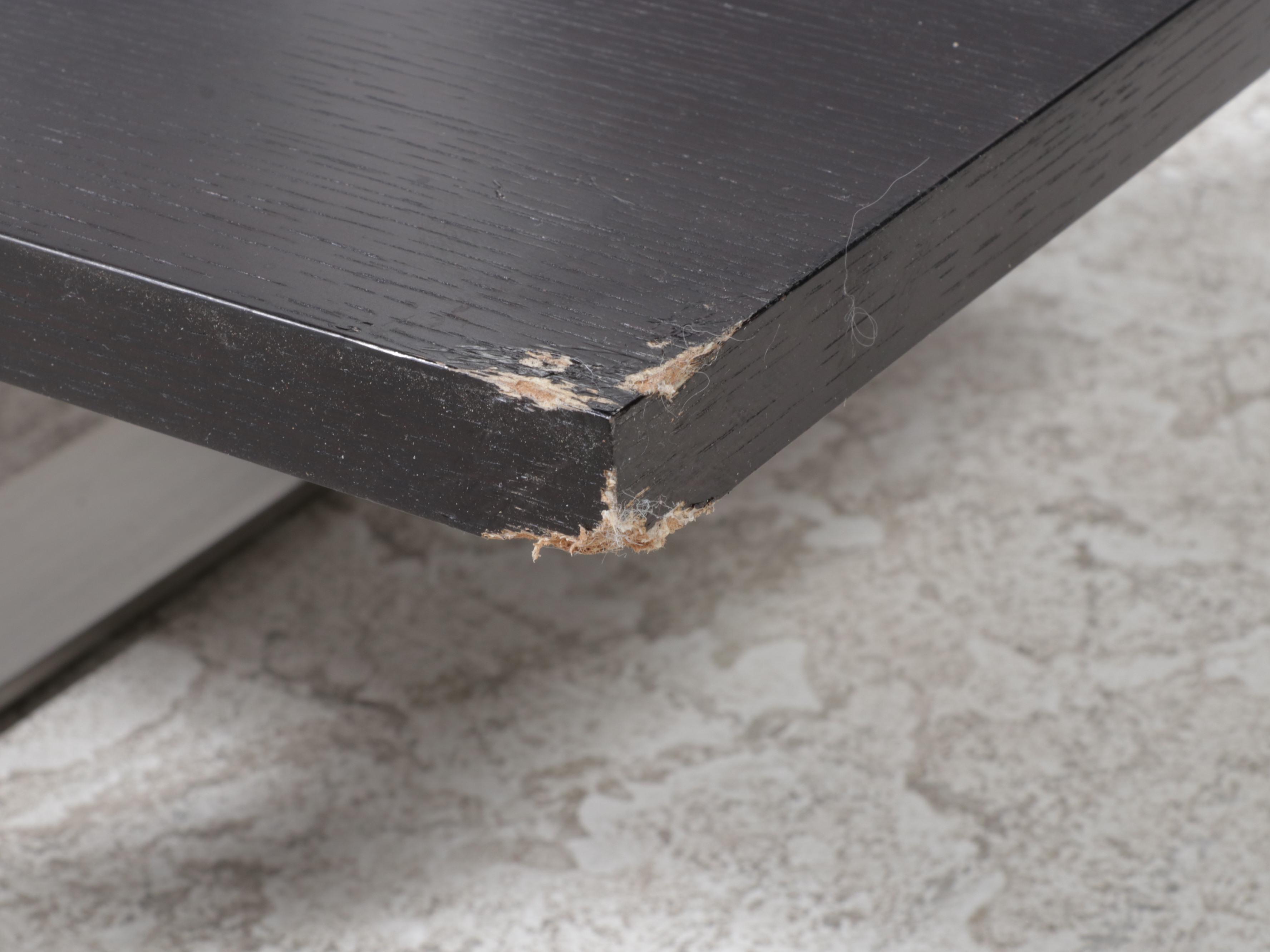 Modernist Style Brushed Steel, Hardwood-Veneered, and Glass Top Console Table