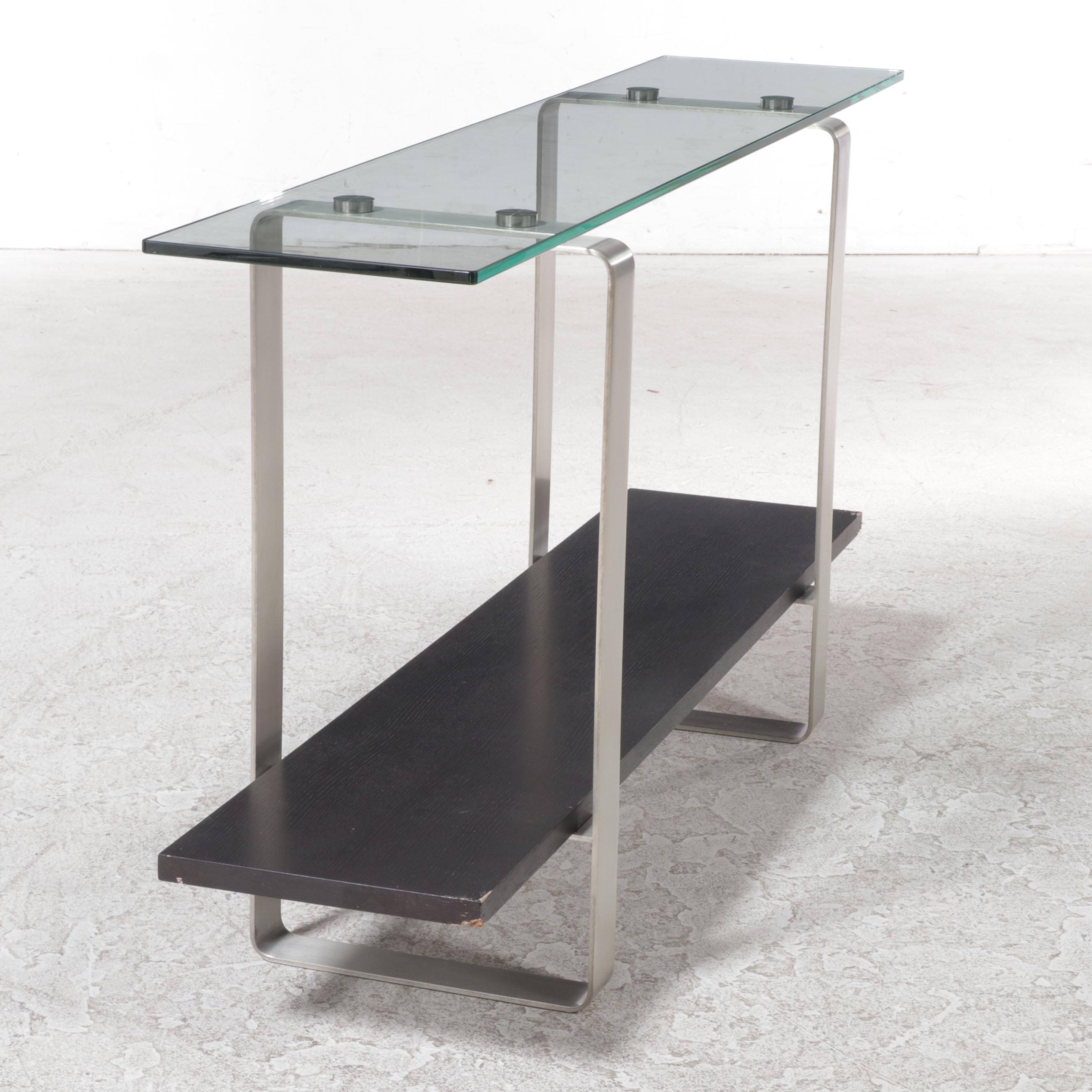 Modernist Style Brushed Steel, Hardwood-Veneered, and Glass Top Console Table