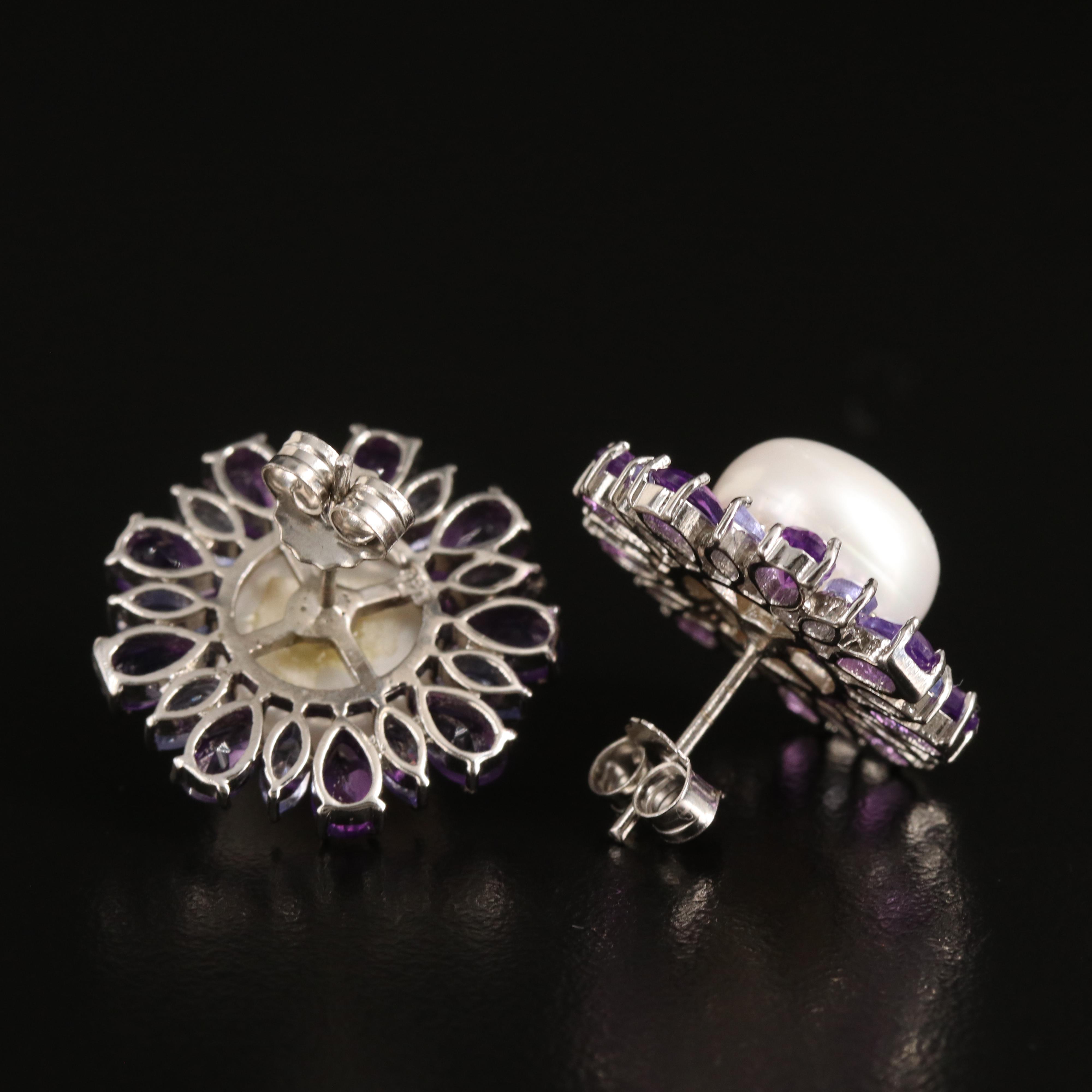 Sterling Pearl, Amethyst and Tanzanite Button Earrings