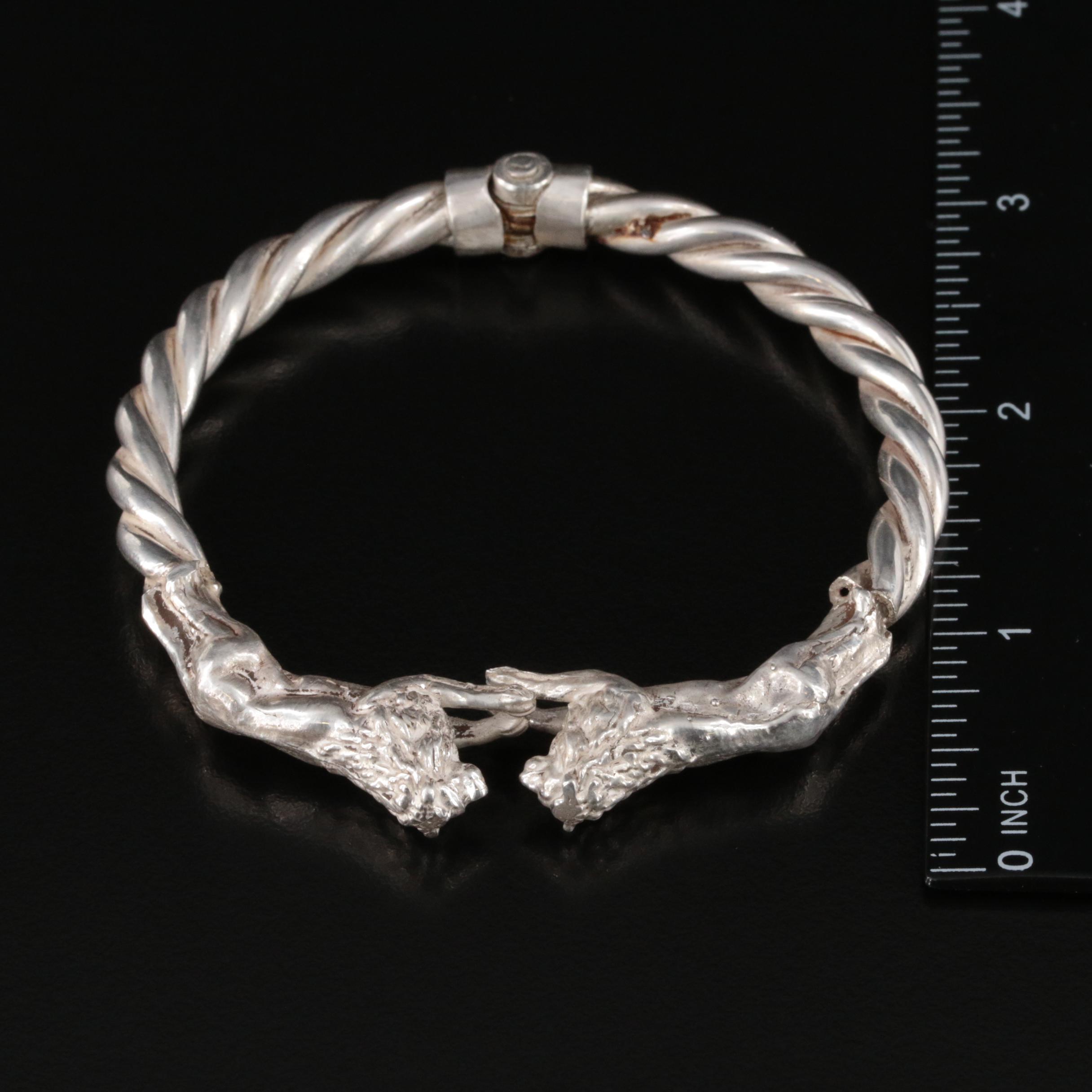 950 Silver Double Lion Hinged Bangle