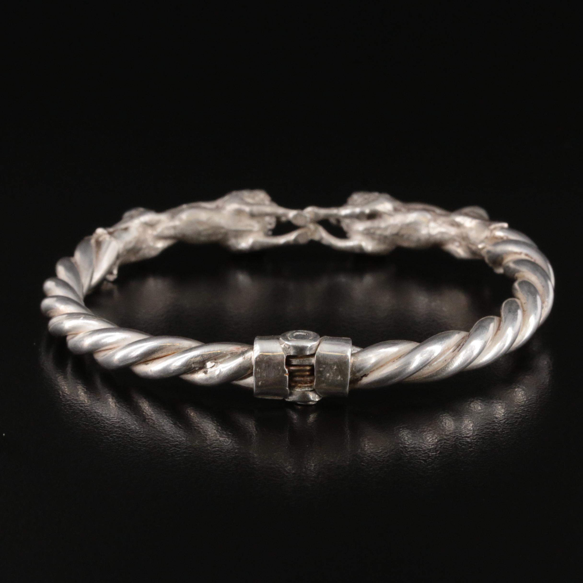 950 Silver Double Lion Hinged Bangle