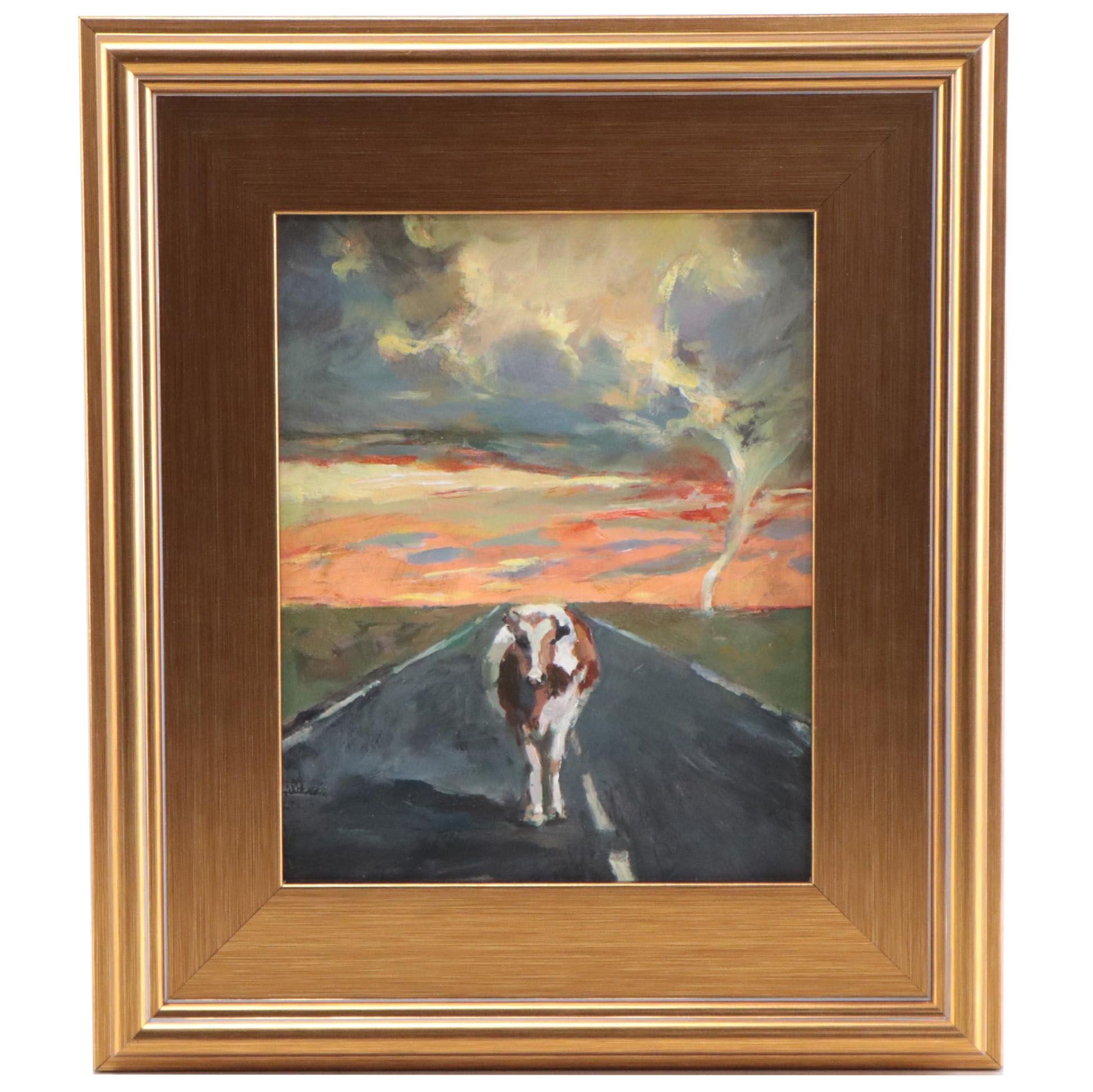 Agnes Rey Oil Painting of Cow In Landscape "Tornado," 2023