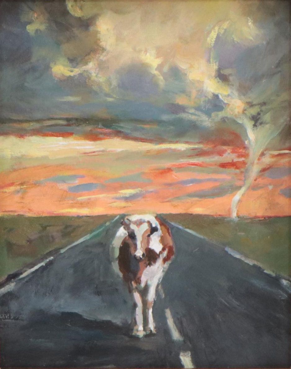 Agnes Rey Oil Painting of Cow In Landscape "Tornado," 2023