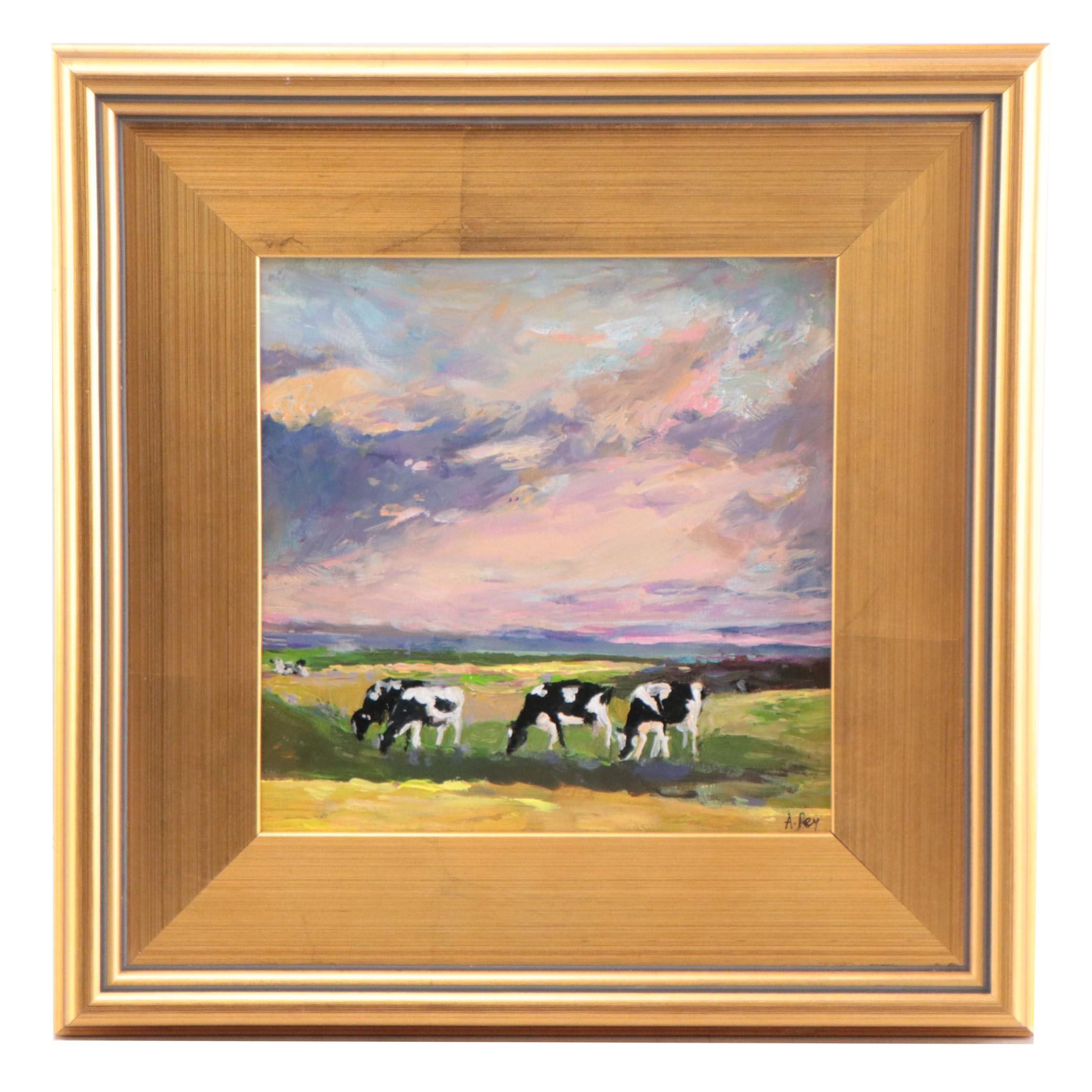 Agnes Rey Oil Painting of Cows In Landscape, 2022