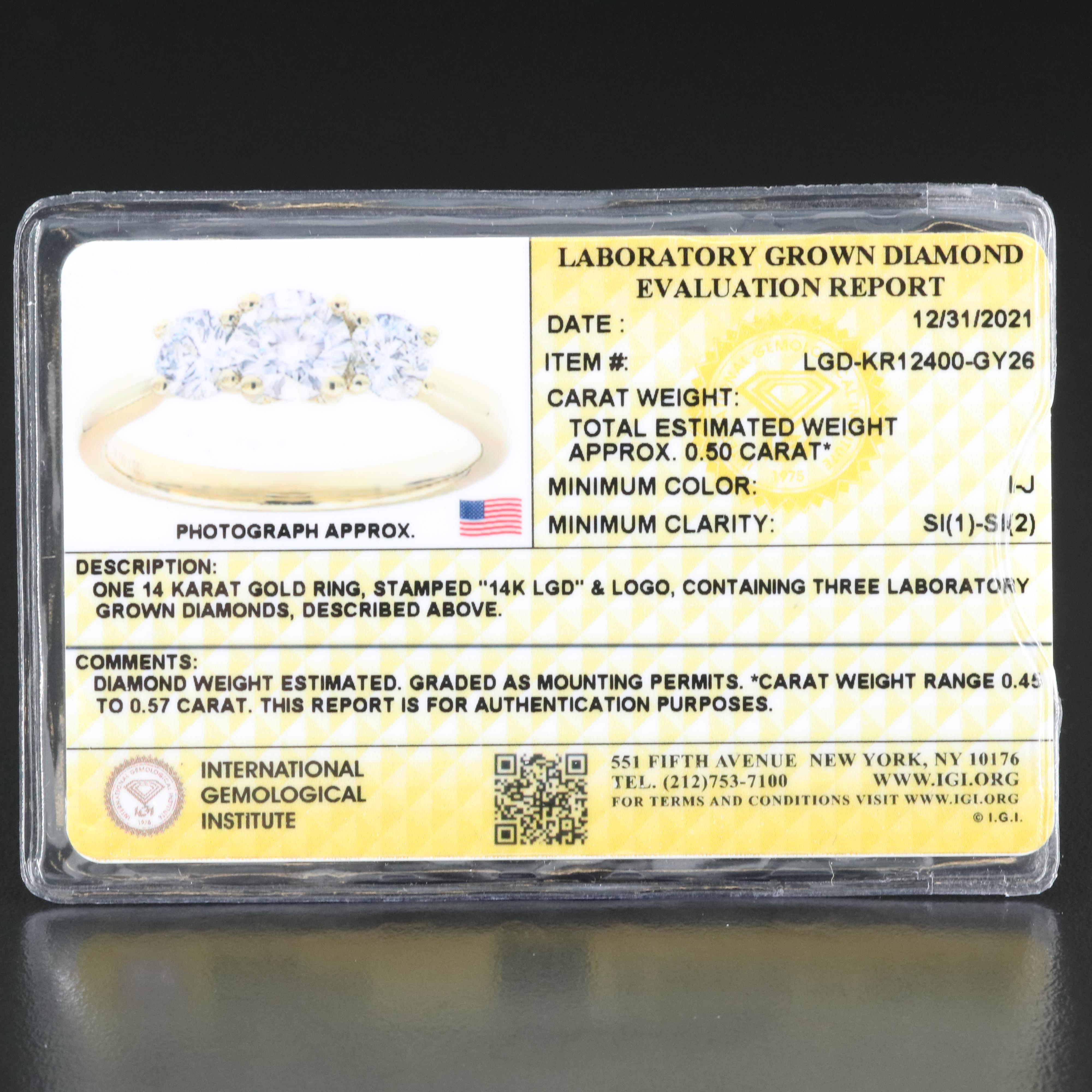 14K 0.47 CTW Lab Grown Diamond Ring with IGI Report