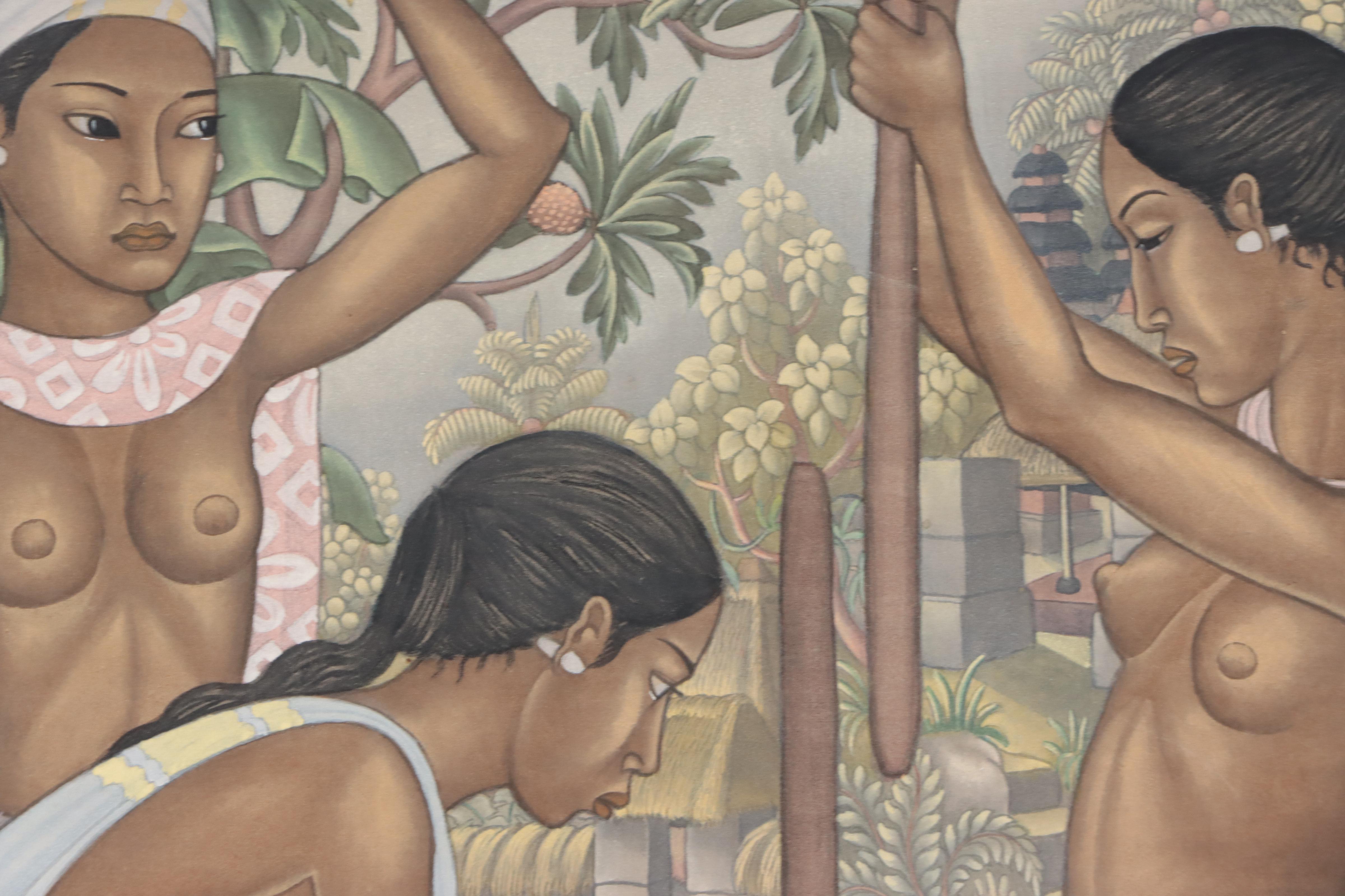 Dewa Putu Bedil Gouache Painting of Market Scene