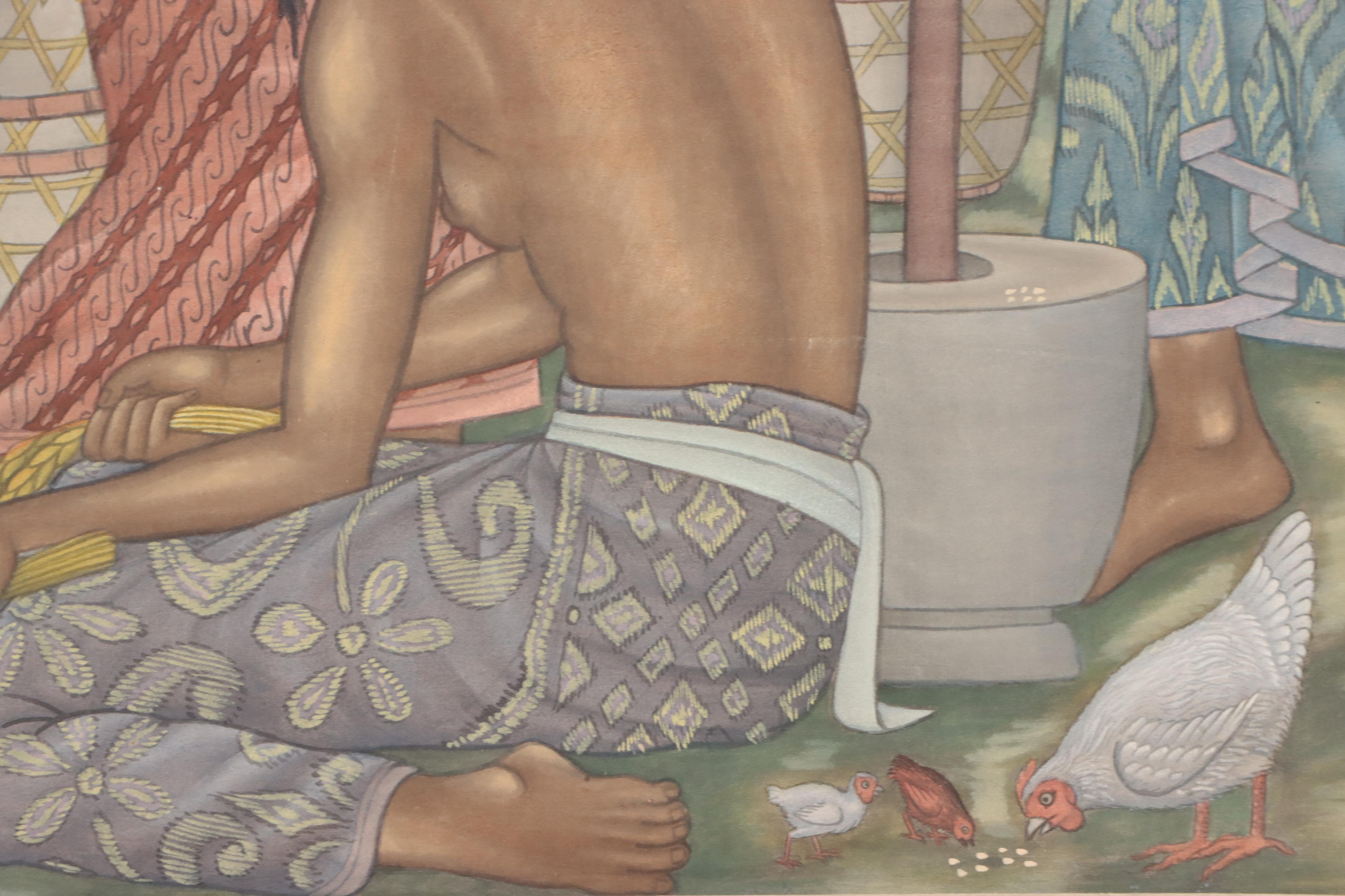 Dewa Putu Bedil Gouache Painting of Market Scene