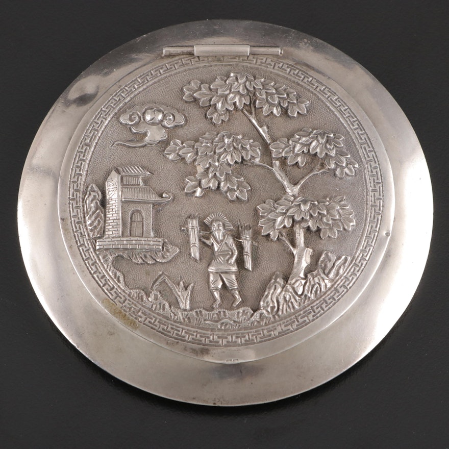 Chinese 950 Silver Landscape Relief Mirrored Compact