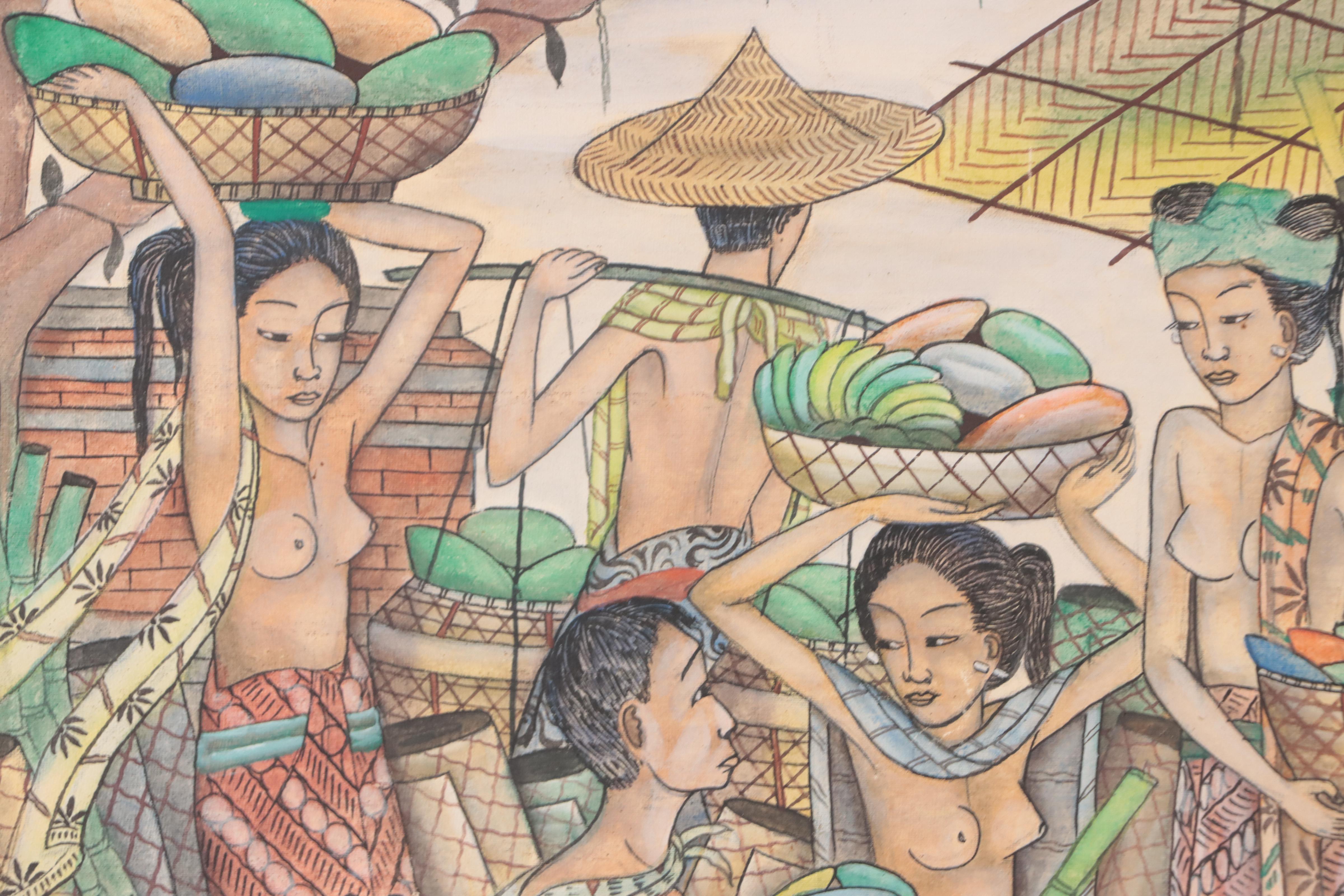 Indonesian School Gouache Painting of Market Scene