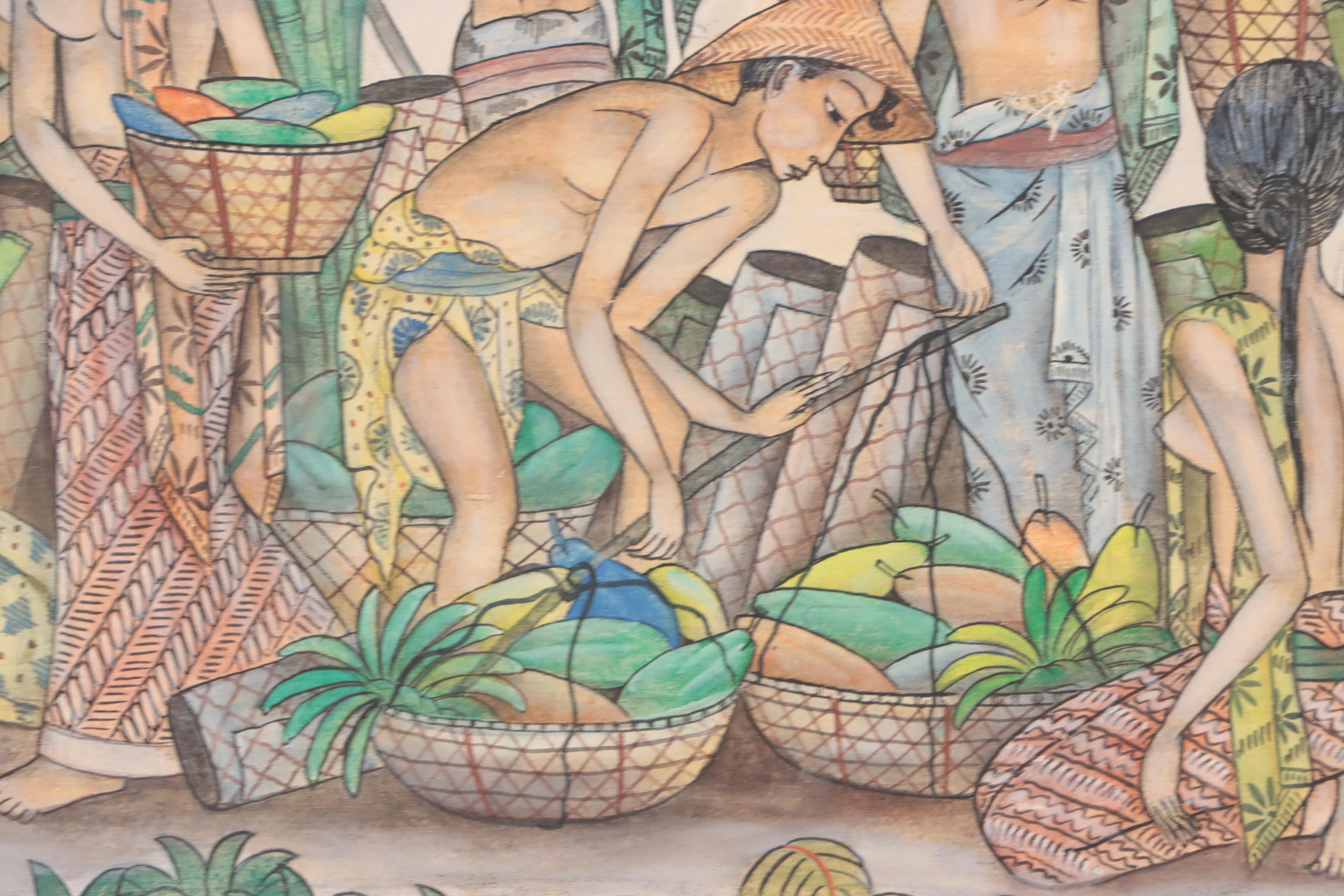 Indonesian School Gouache Painting of Market Scene