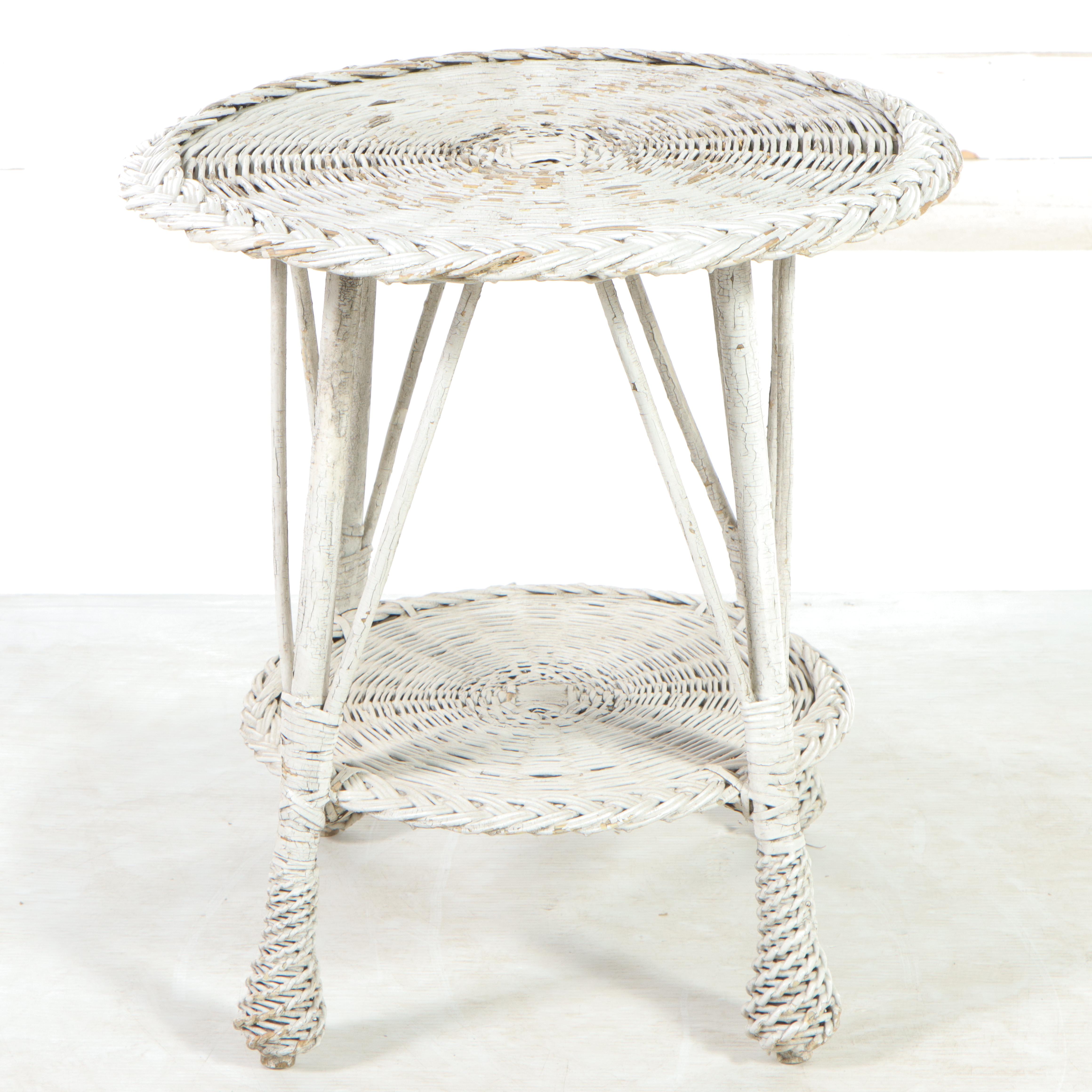 White Painted Wicker Rattan Side Table, Mid-20th Century