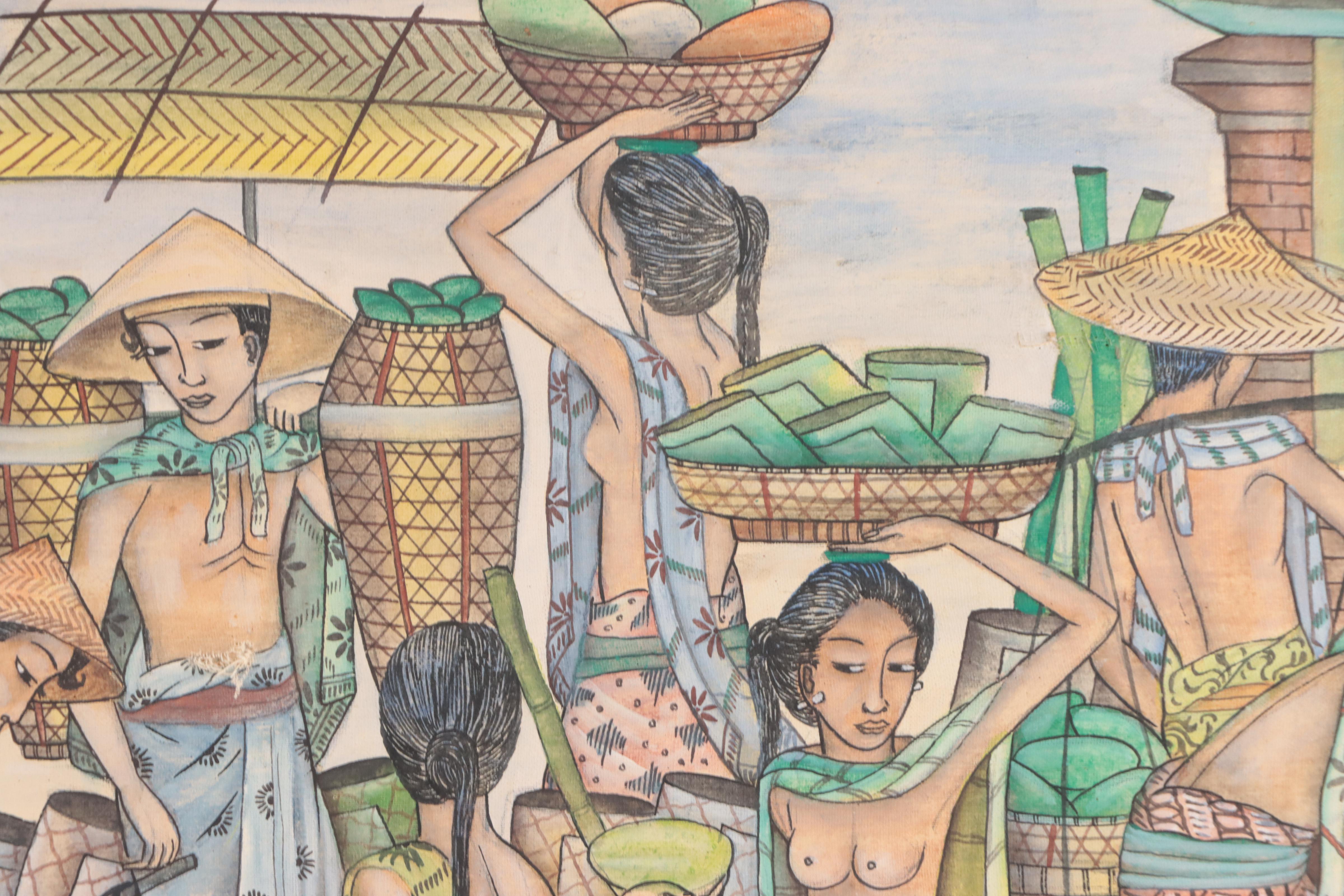 Indonesian School Gouache Painting of Market Scene