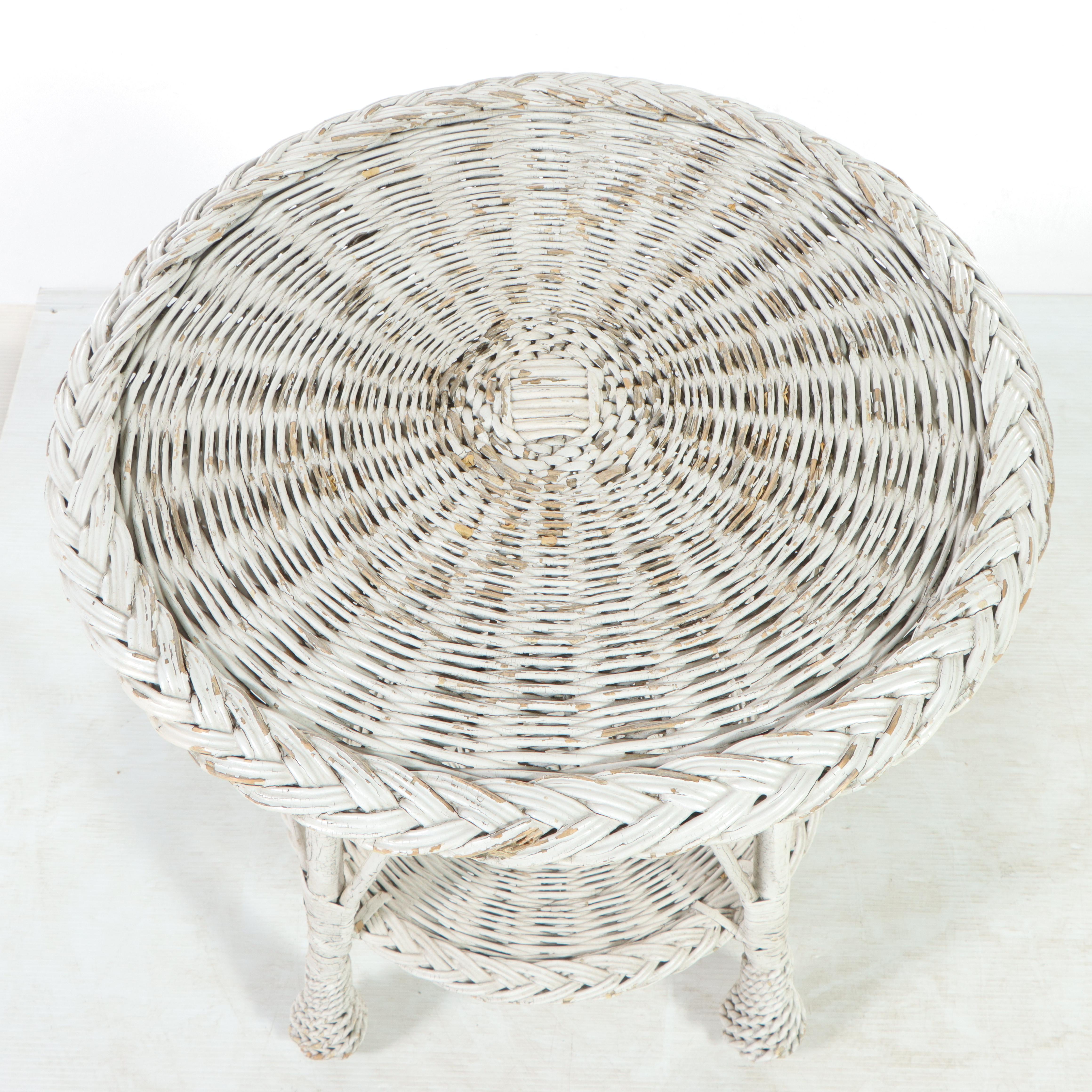White Painted Wicker Rattan Side Table, Mid-20th Century