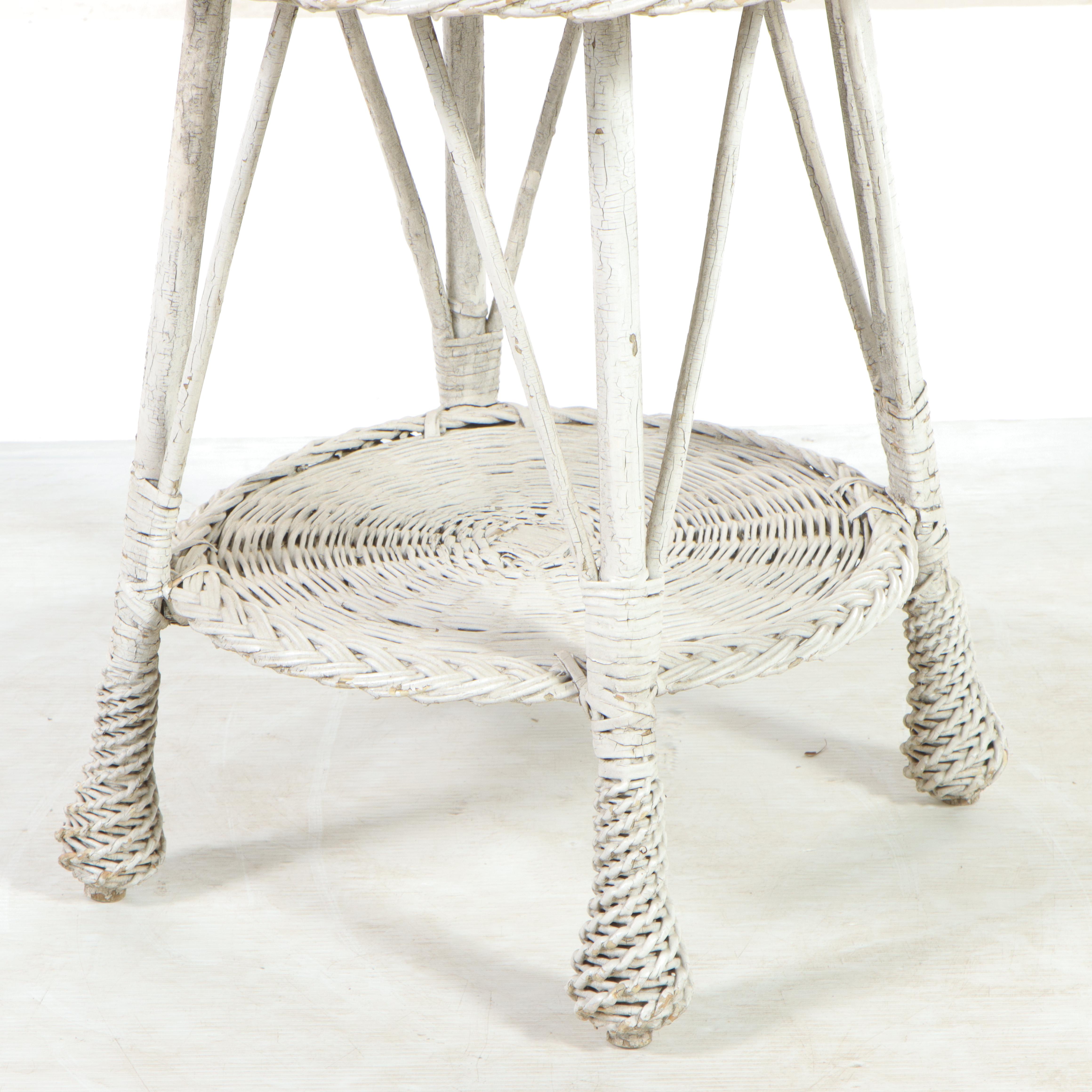 White Painted Wicker Rattan Side Table, Mid-20th Century