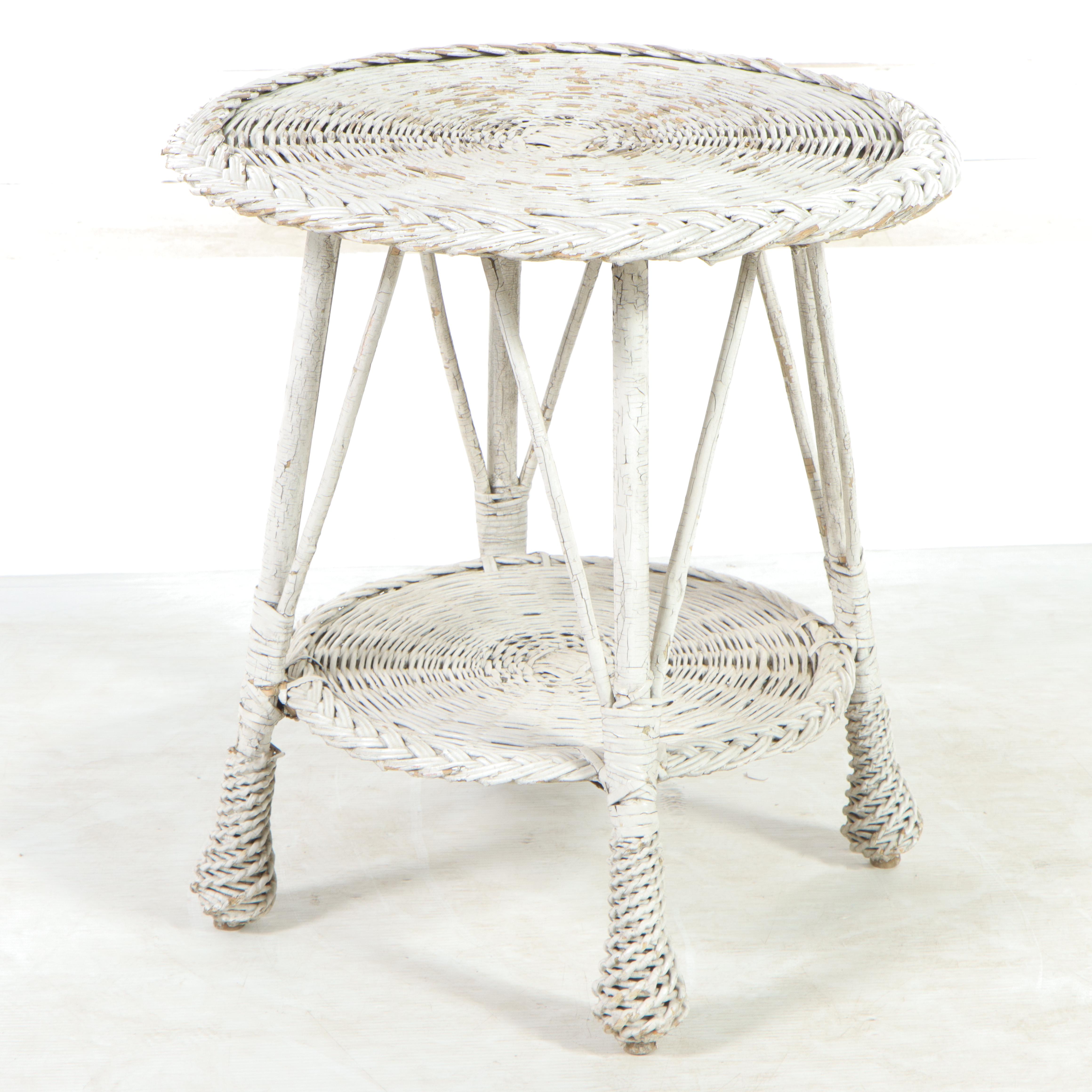 White Painted Wicker Rattan Side Table, Mid-20th Century