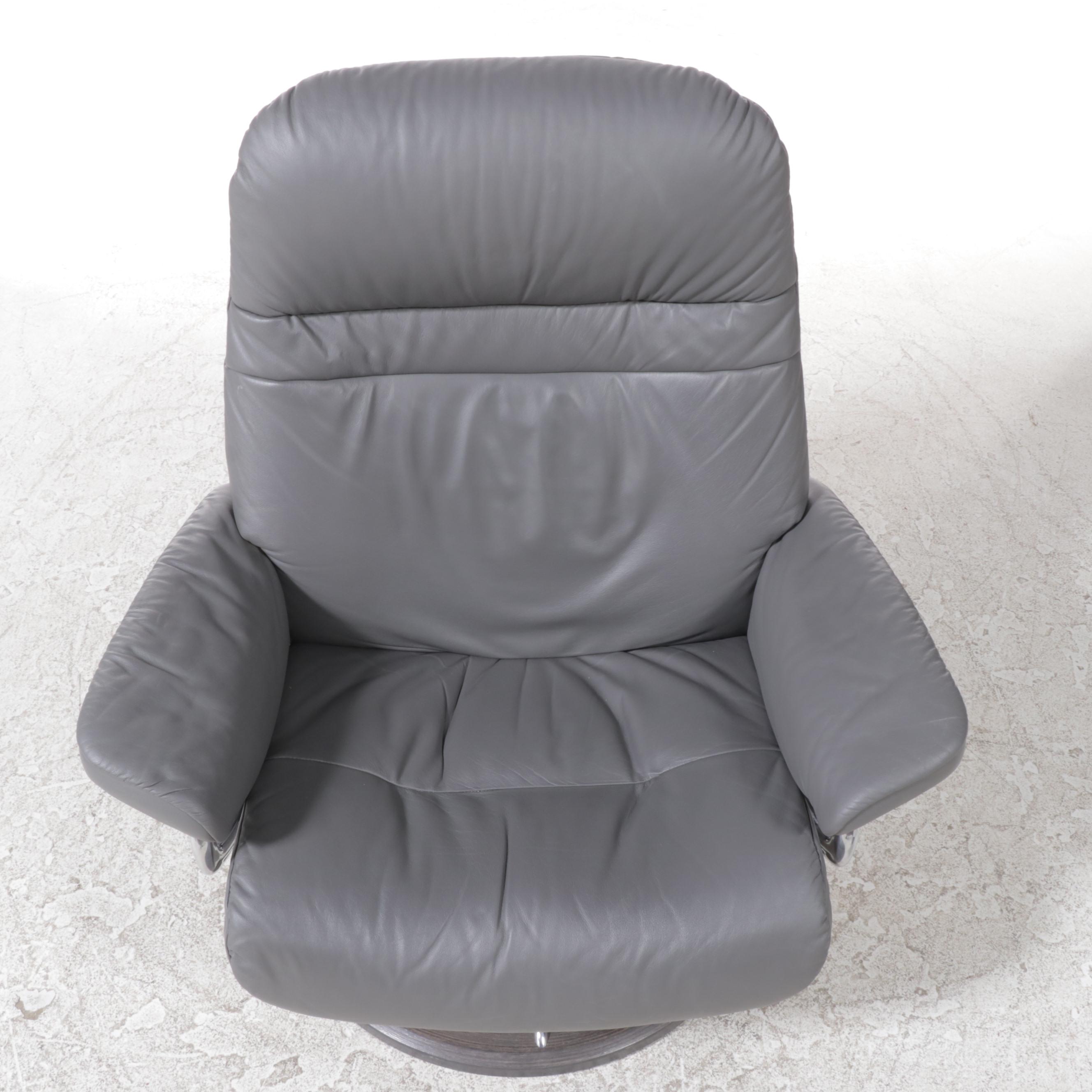 Ekornes "Stressless View" Beech, Leather, and Aluminum Recliner with Ottoman