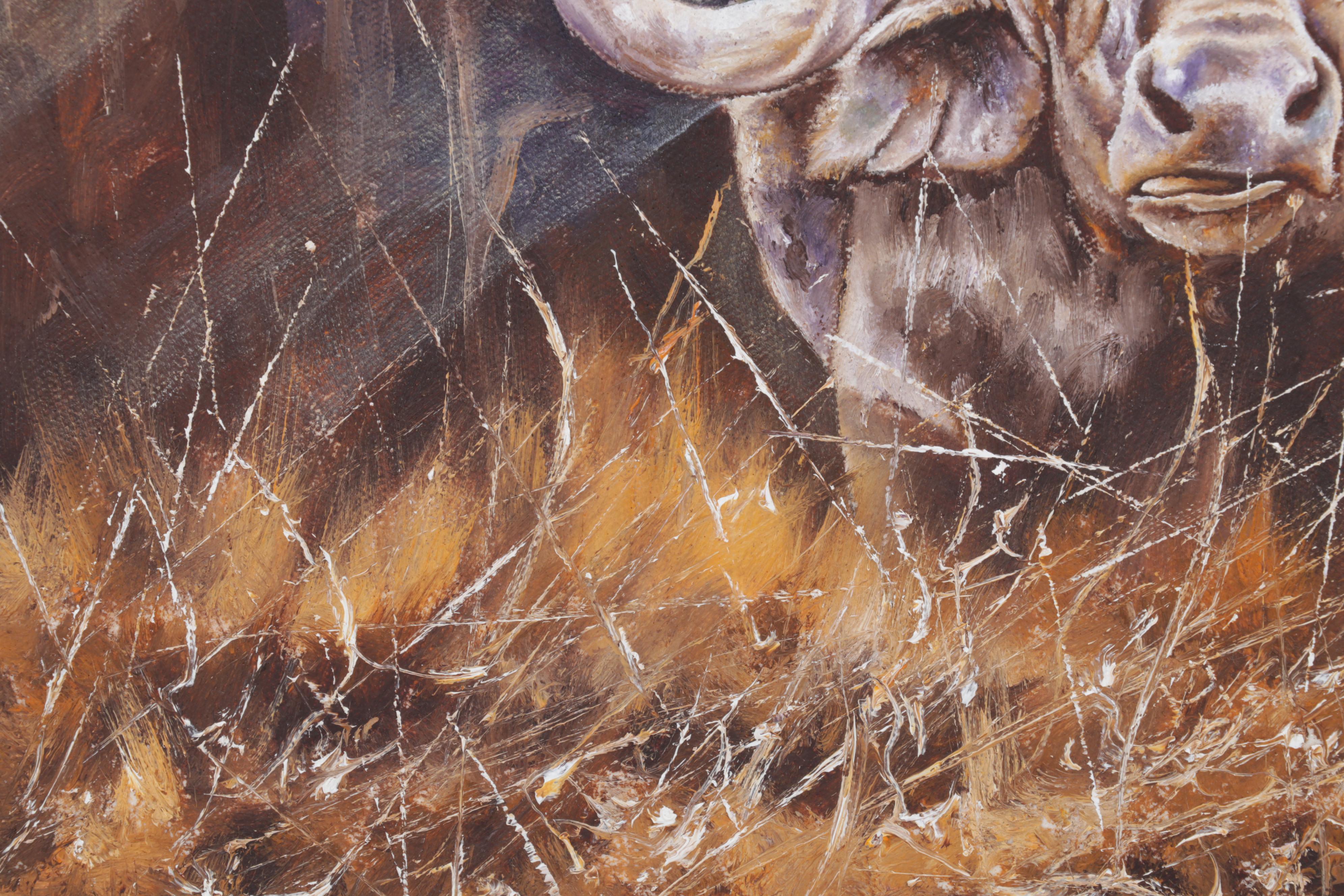 N. Mukuna Oil Painting "Cape Buffalo (African)," Circa 1990