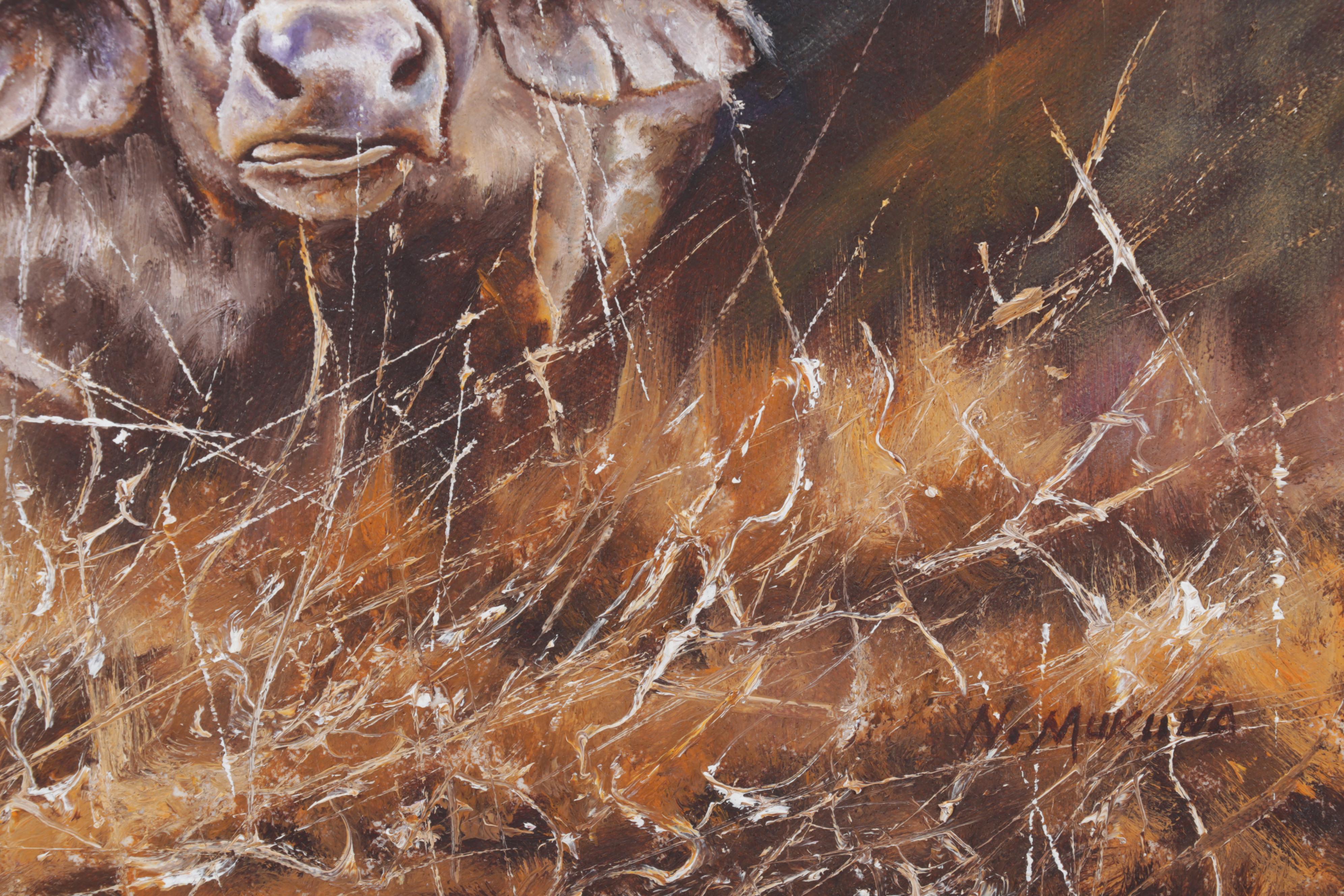 N. Mukuna Oil Painting "Cape Buffalo (African)," Circa 1990