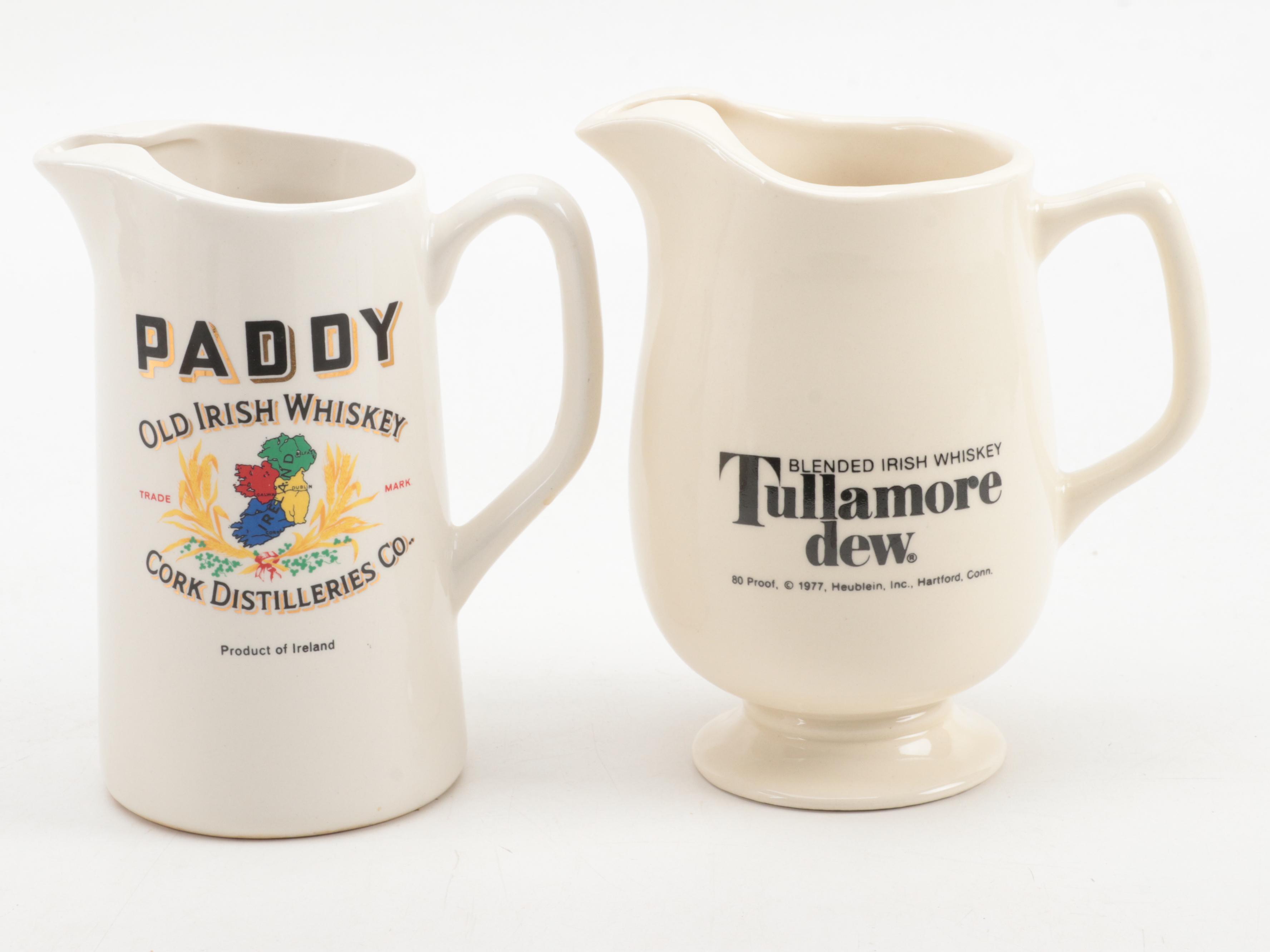 Tullamore Dew, Ballantine, Paddy and Cutty Sark Whiskey Pitchers