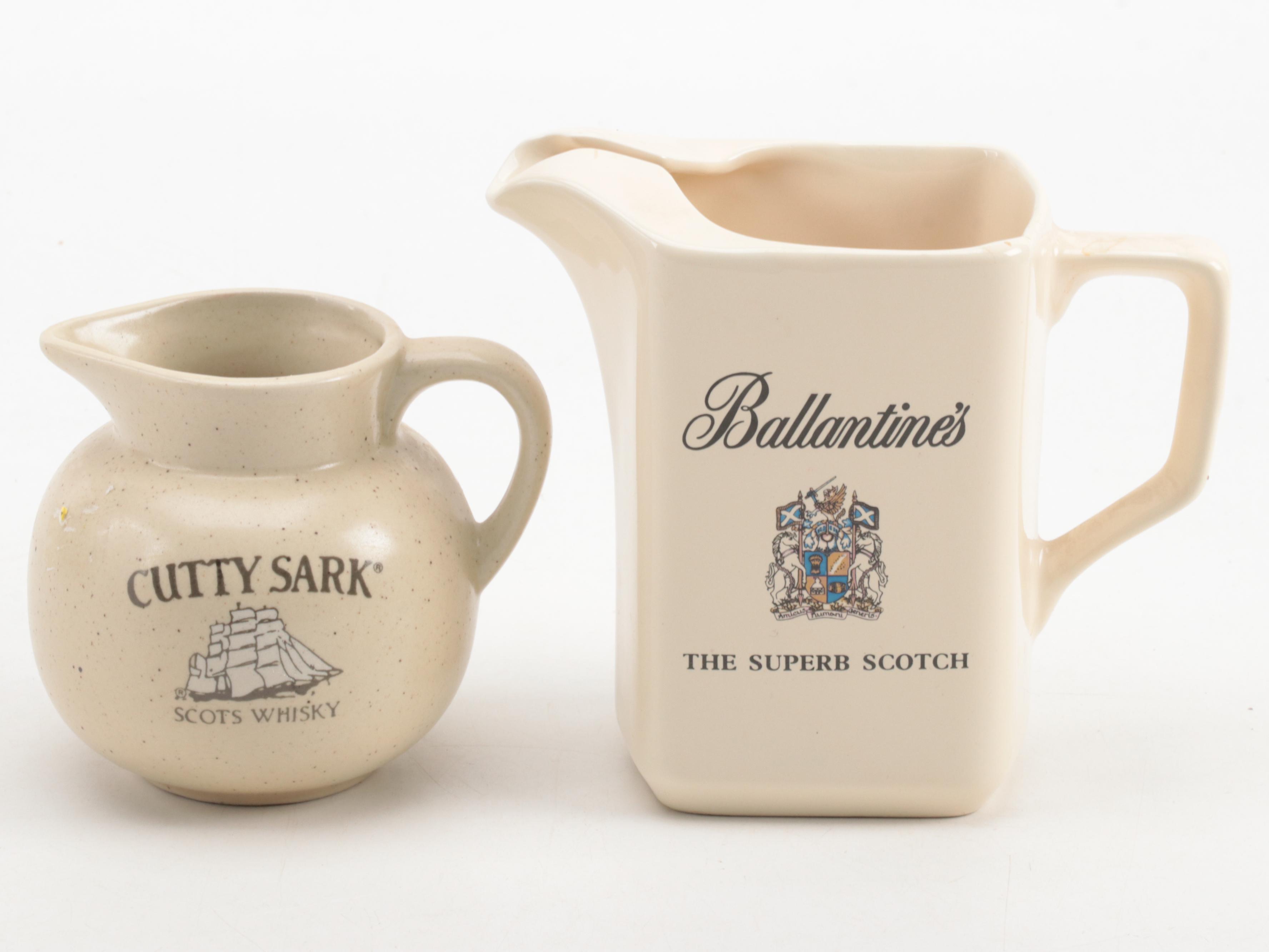 Tullamore Dew, Ballantine, Paddy and Cutty Sark Whiskey Pitchers