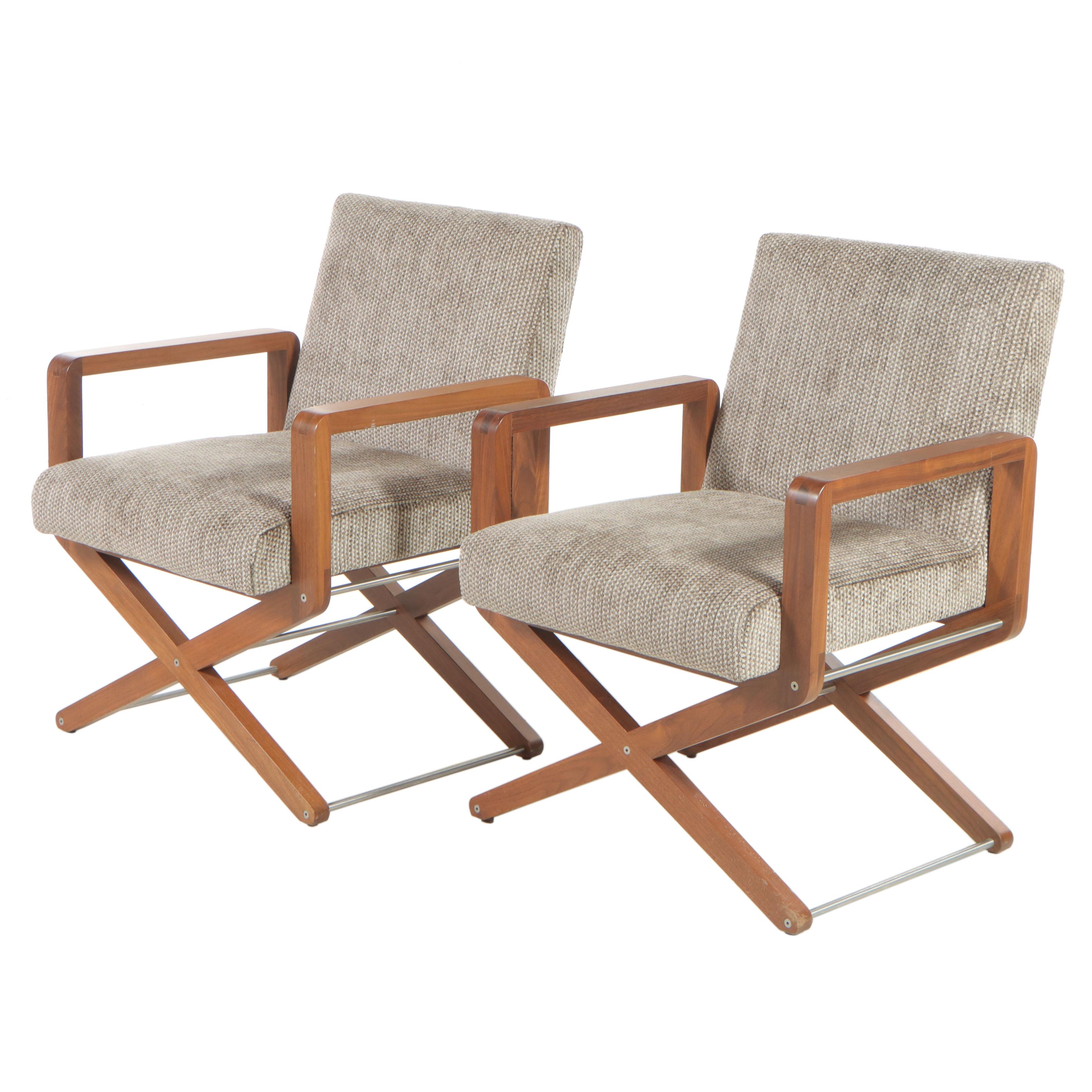 Pair of American Leather "Phillip" Stainless Steel-Mounted Walnut Armchairs