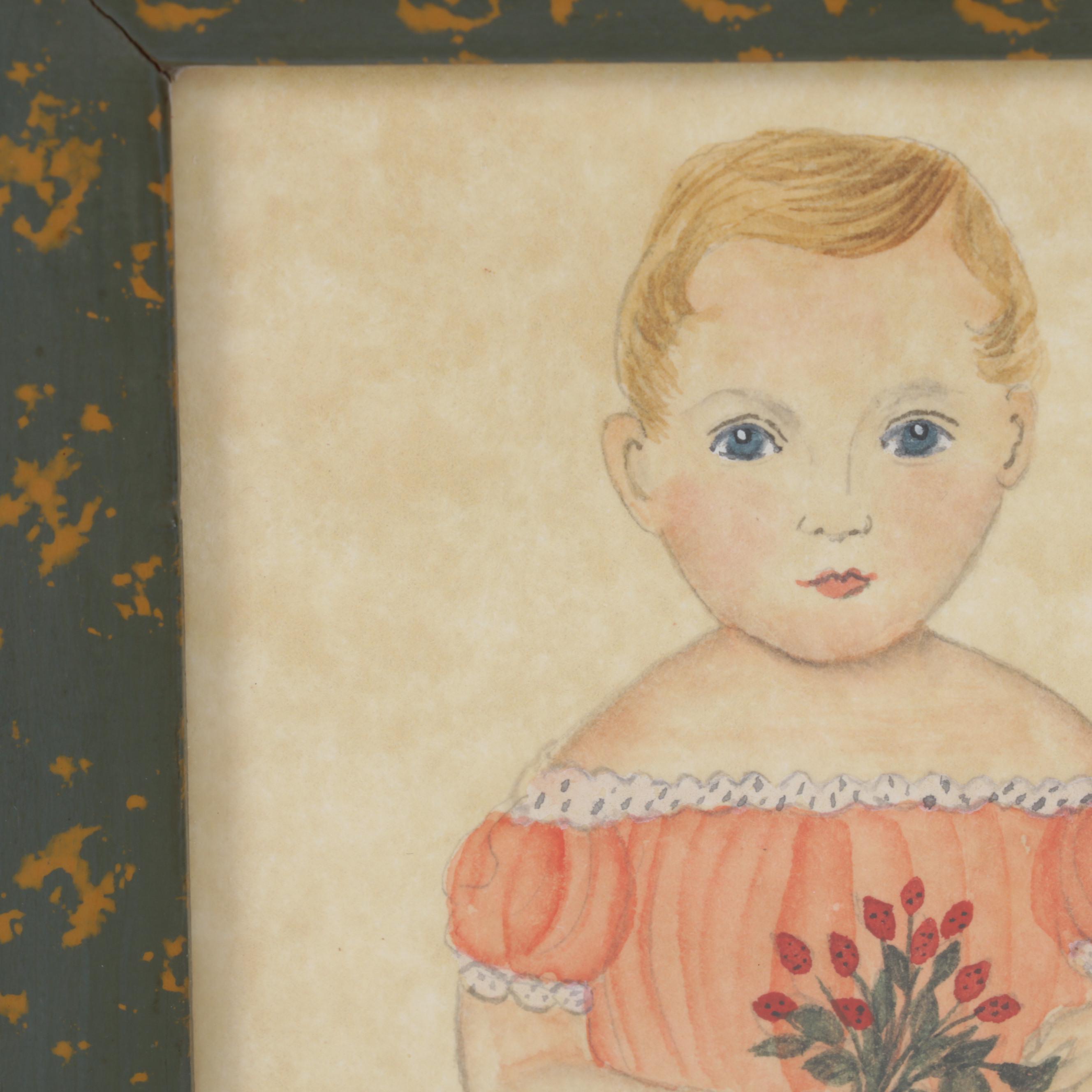 Marcia Smolcha Folk Art Watercolor Painting of Young Girl, Circa 1988