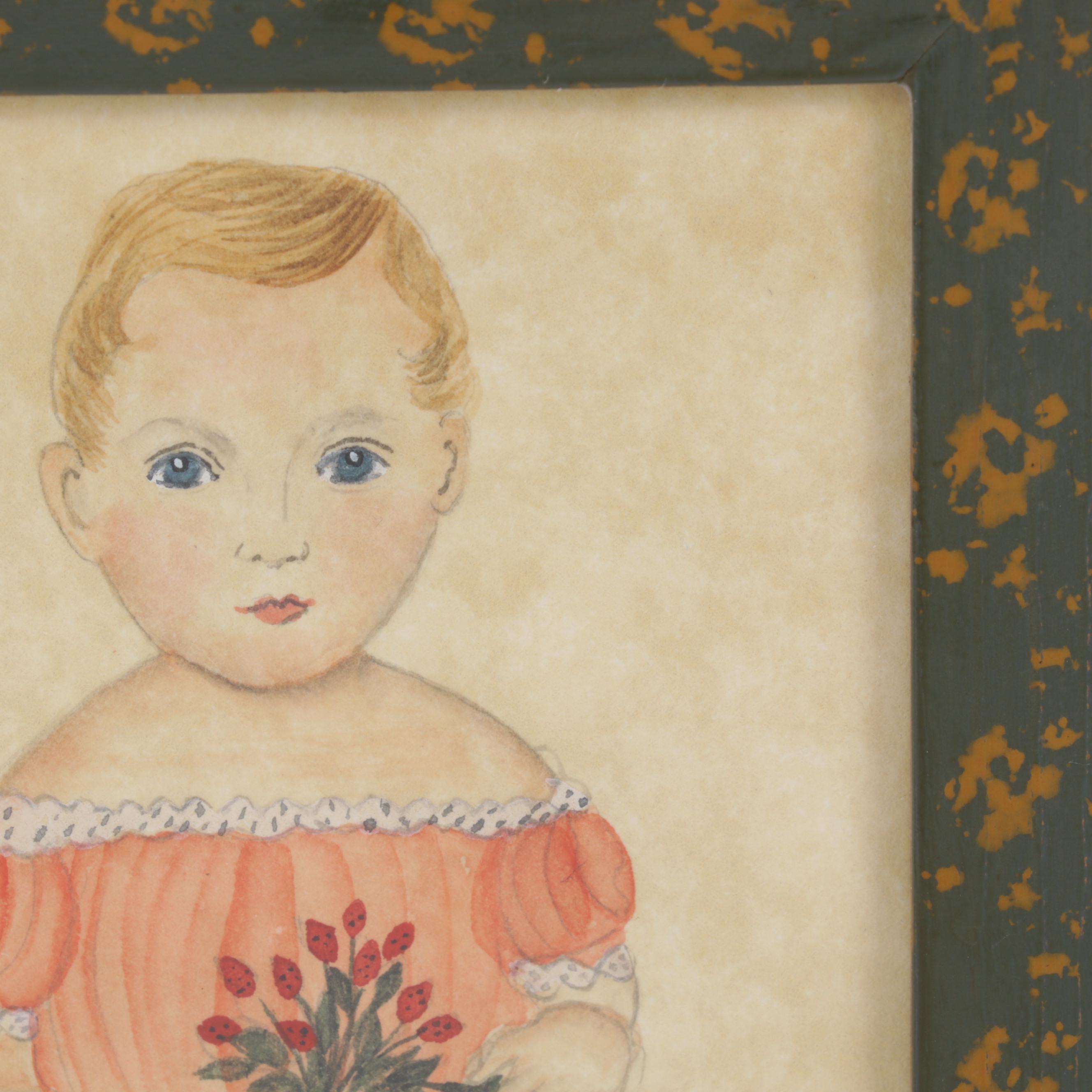 Marcia Smolcha Folk Art Watercolor Painting of Young Girl, Circa 1988