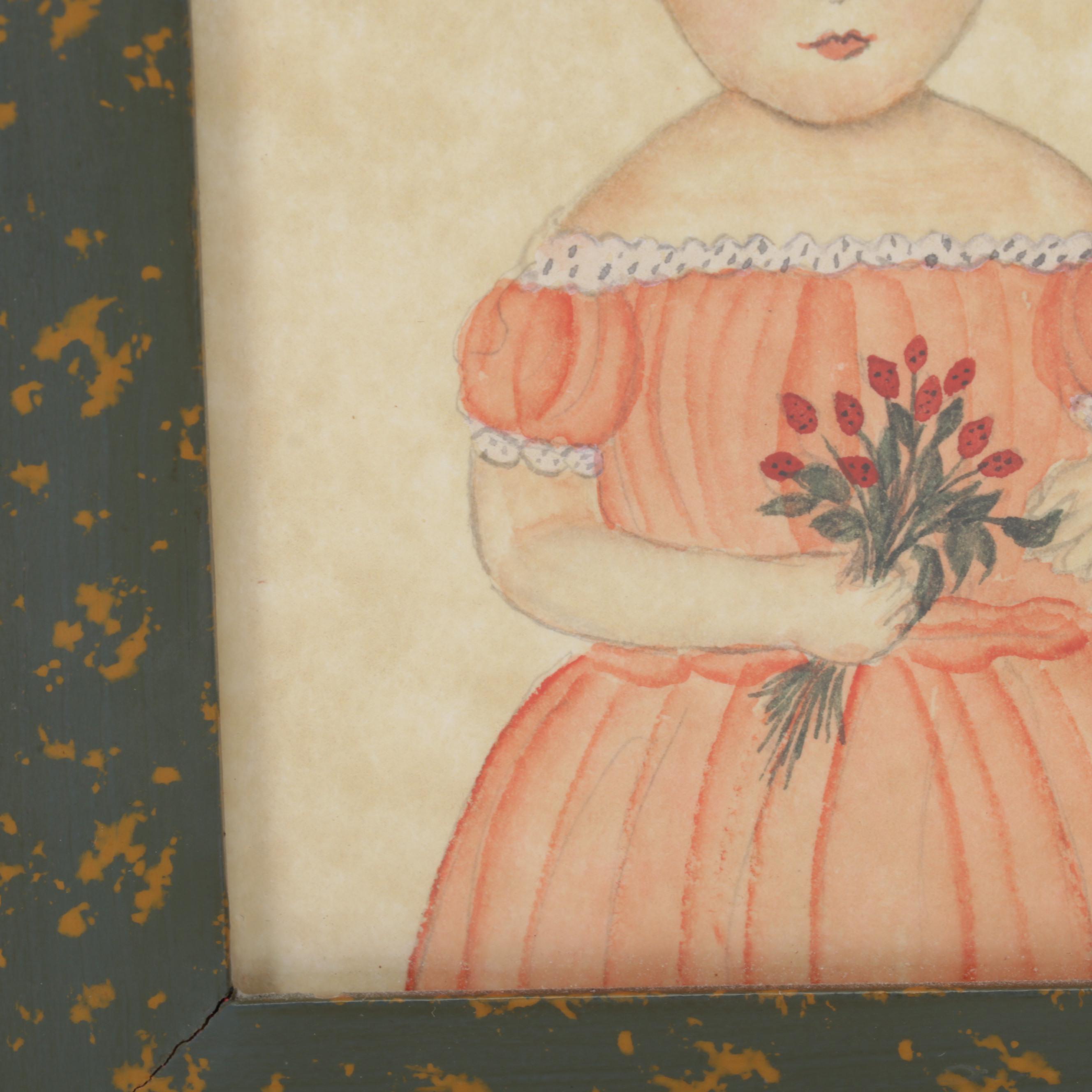 Marcia Smolcha Folk Art Watercolor Painting of Young Girl, Circa 1988