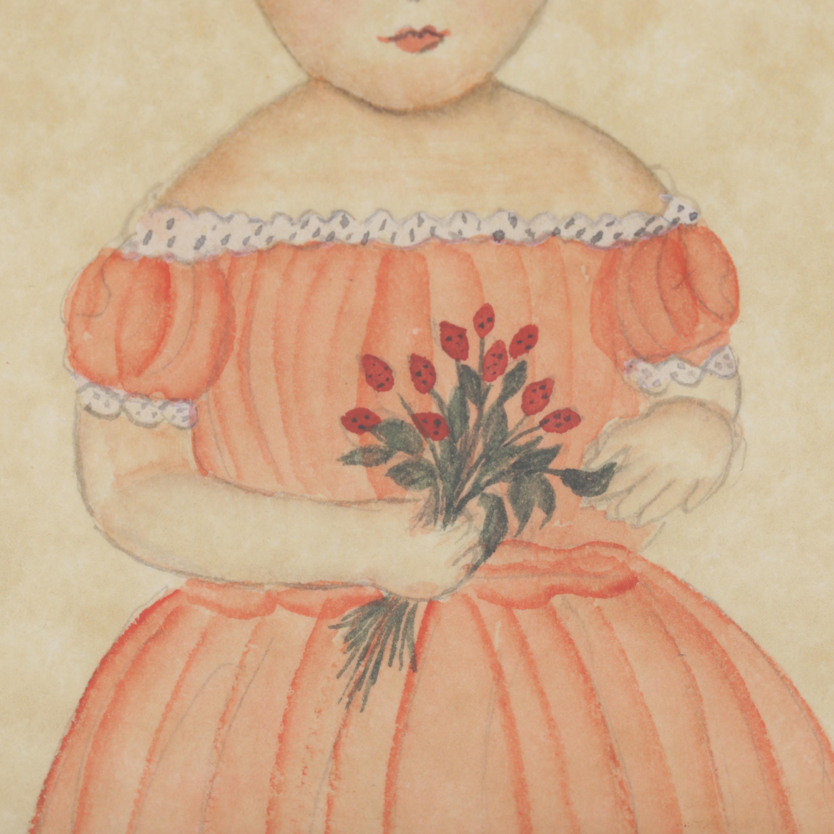 Marcia Smolcha Folk Art Watercolor Painting of Young Girl, Circa 1988