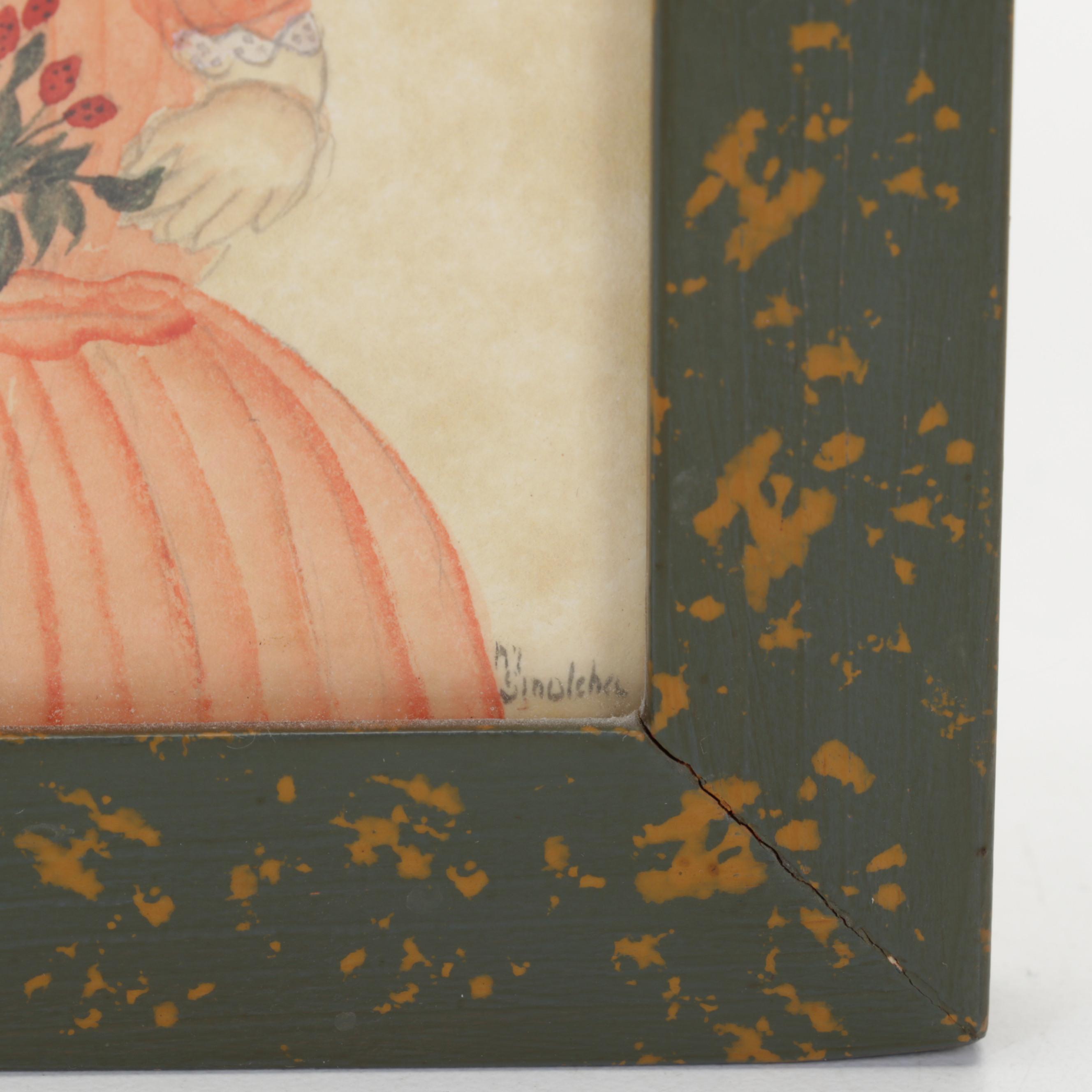 Marcia Smolcha Folk Art Watercolor Painting of Young Girl, Circa 1988