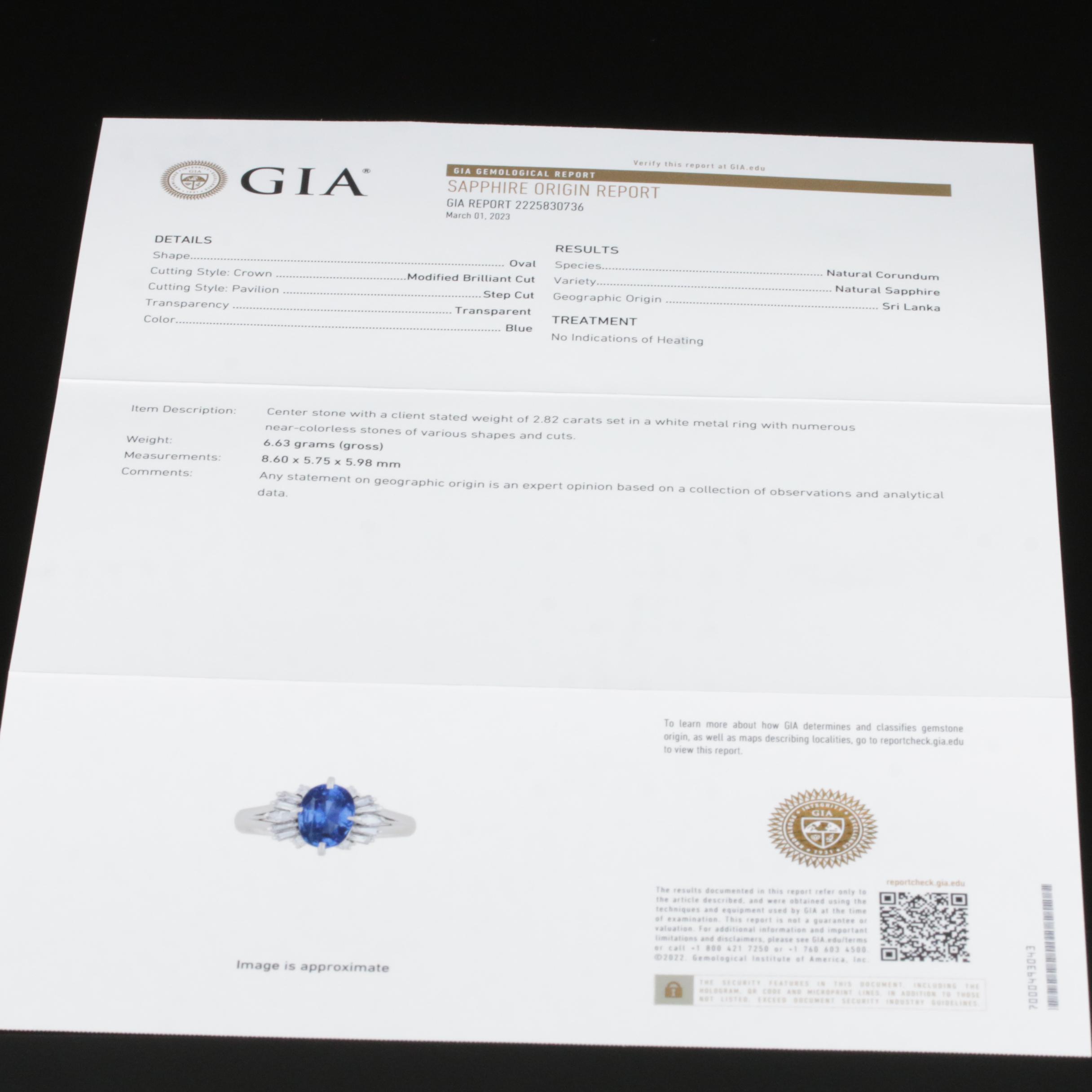 Vintage Platinum 2.82 CT Ceylon Sapphire and Diamond Ring with GIA Report