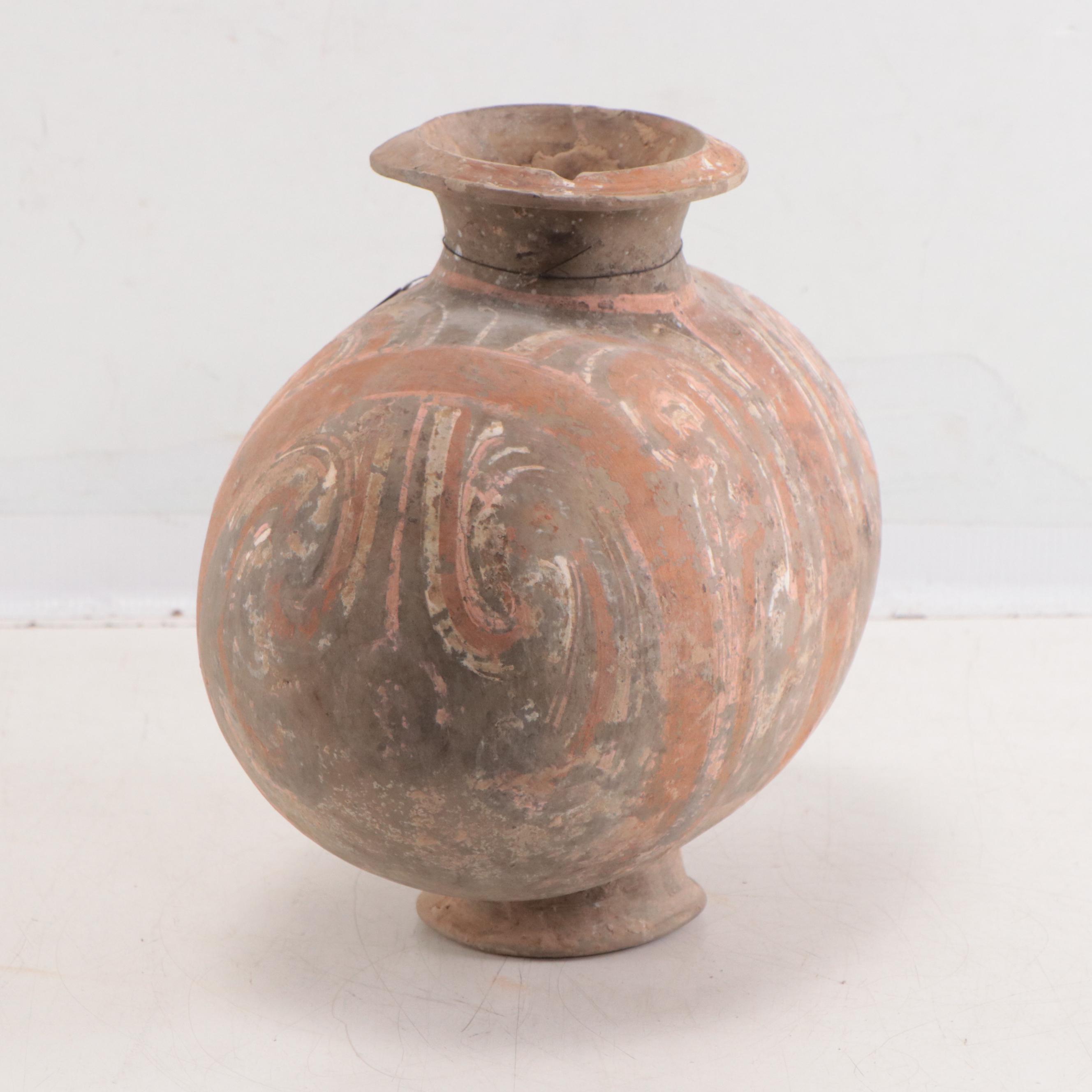 Chinese Han Earthenware Cocoon Jar With Swirling Cloud Motif, 202BC - 220AD