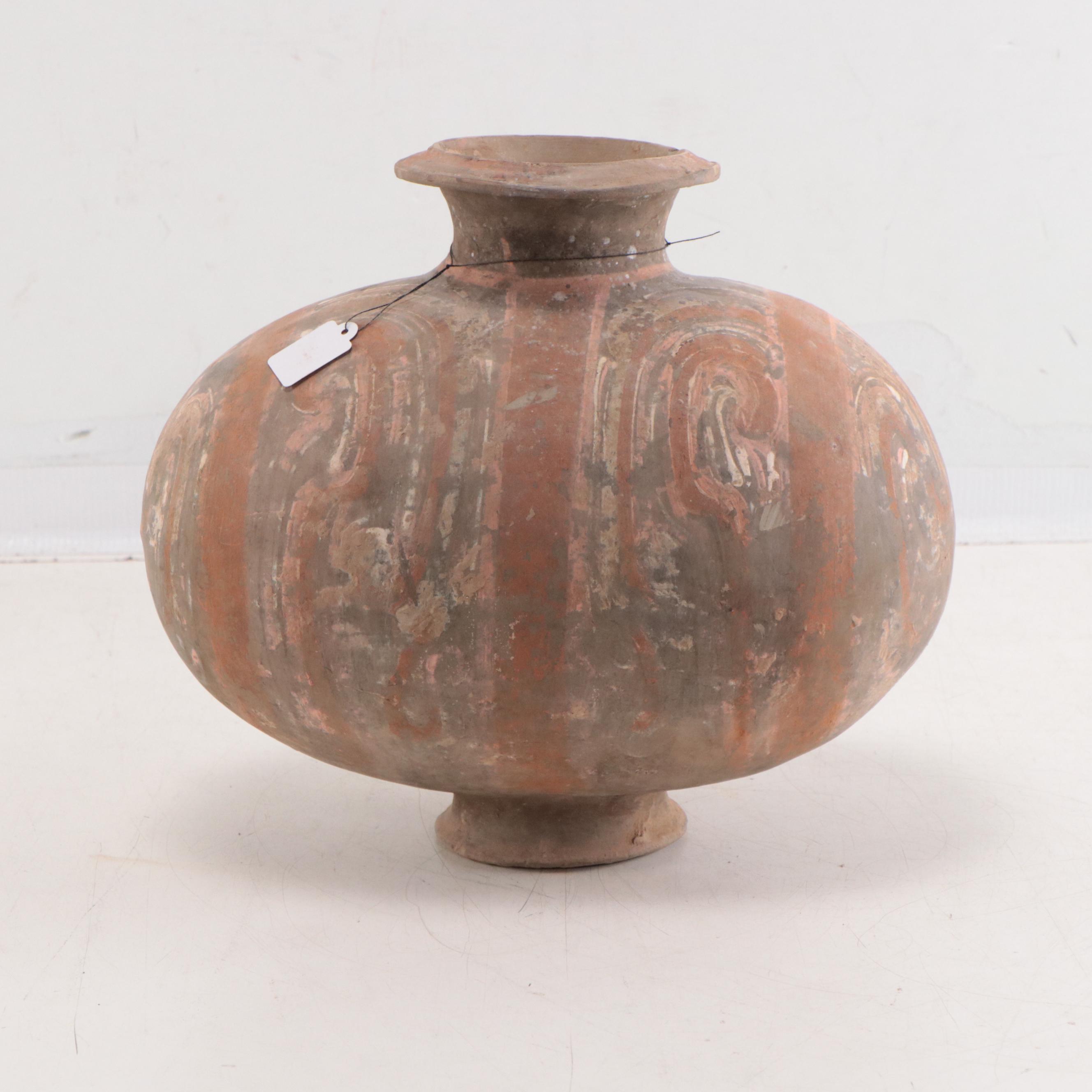 Chinese Han Earthenware Cocoon Jar With Swirling Cloud Motif, 202BC - 220AD