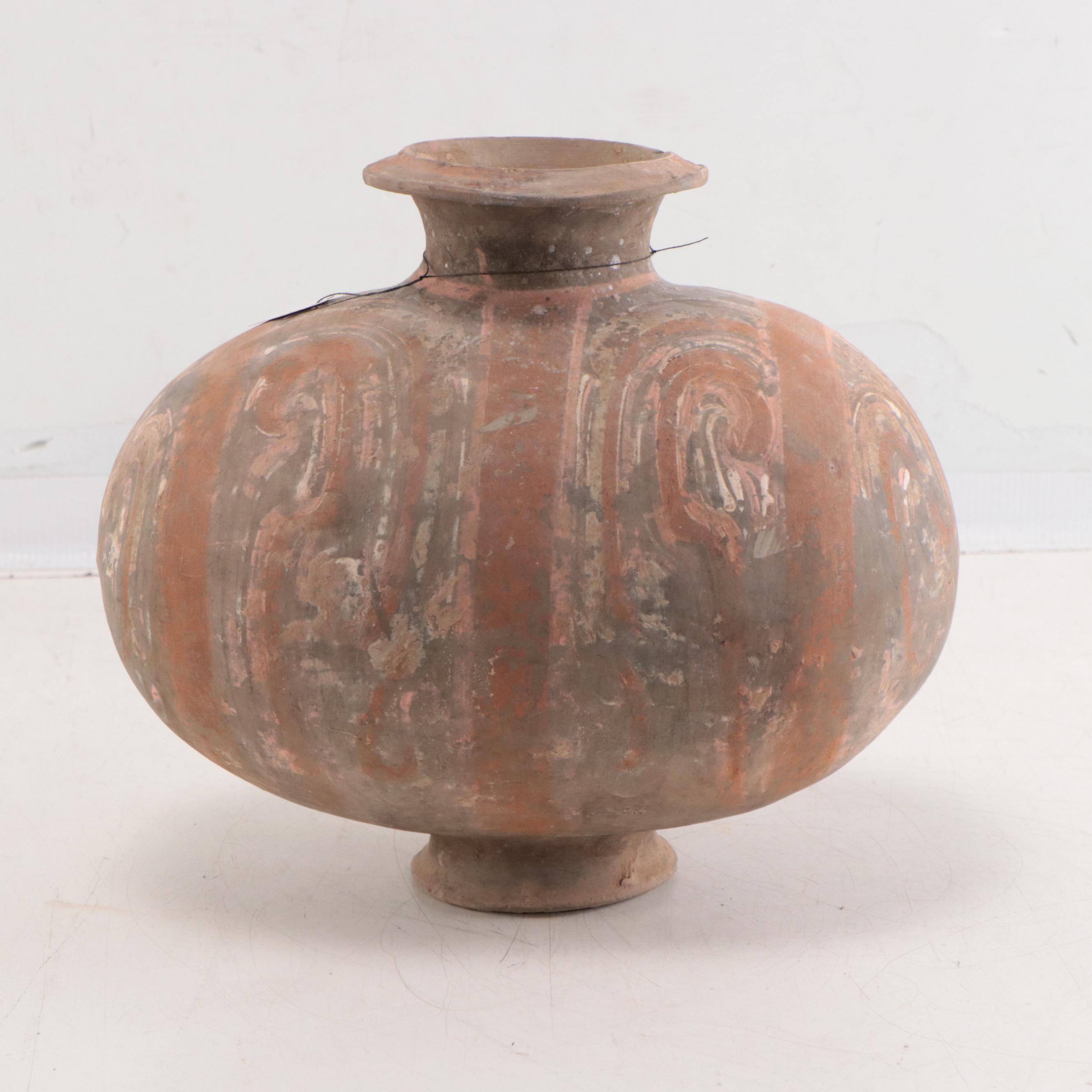Chinese Han Earthenware Cocoon Jar With Swirling Cloud Motif, 202BC - 220AD