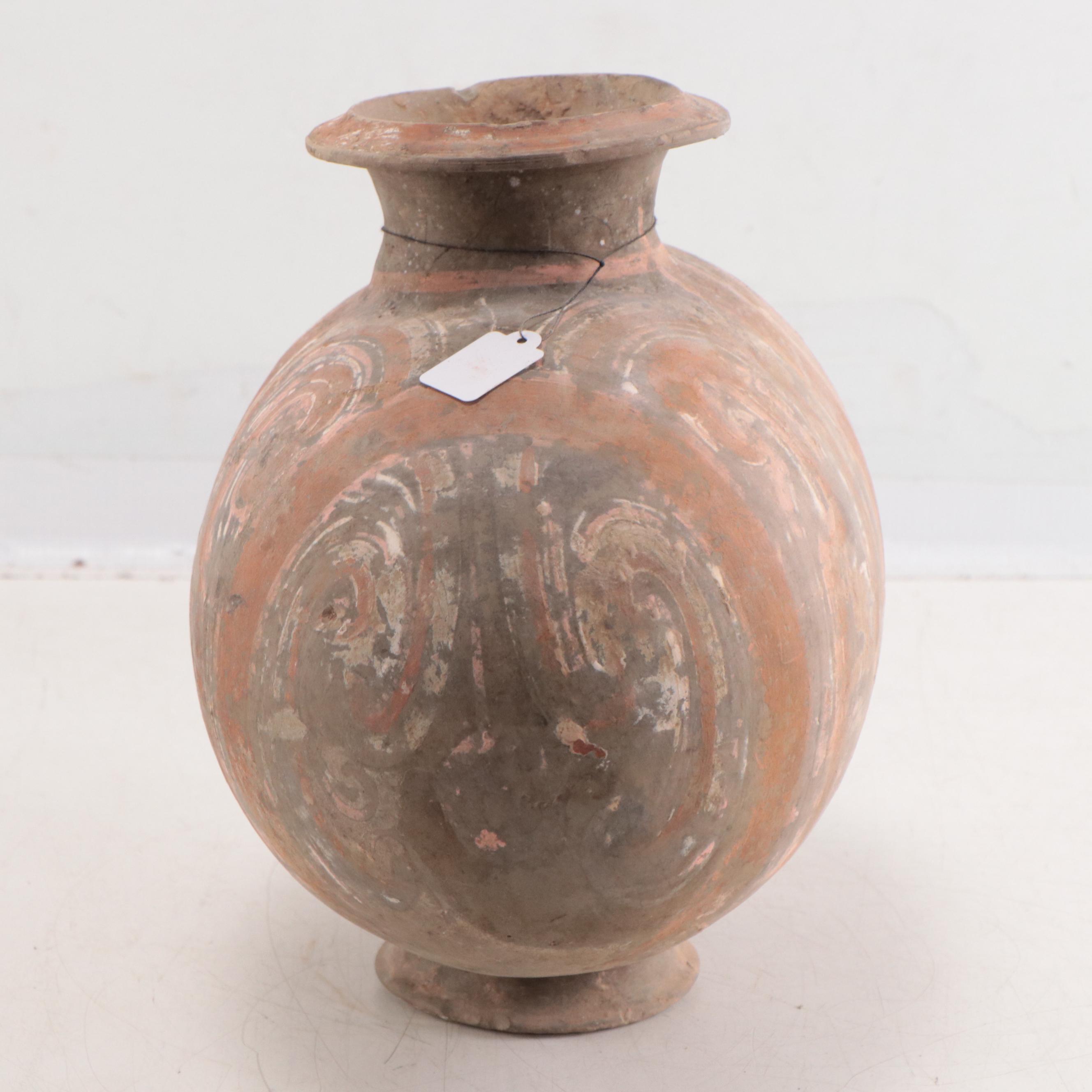 Chinese Han Earthenware Cocoon Jar With Swirling Cloud Motif, 202BC - 220AD