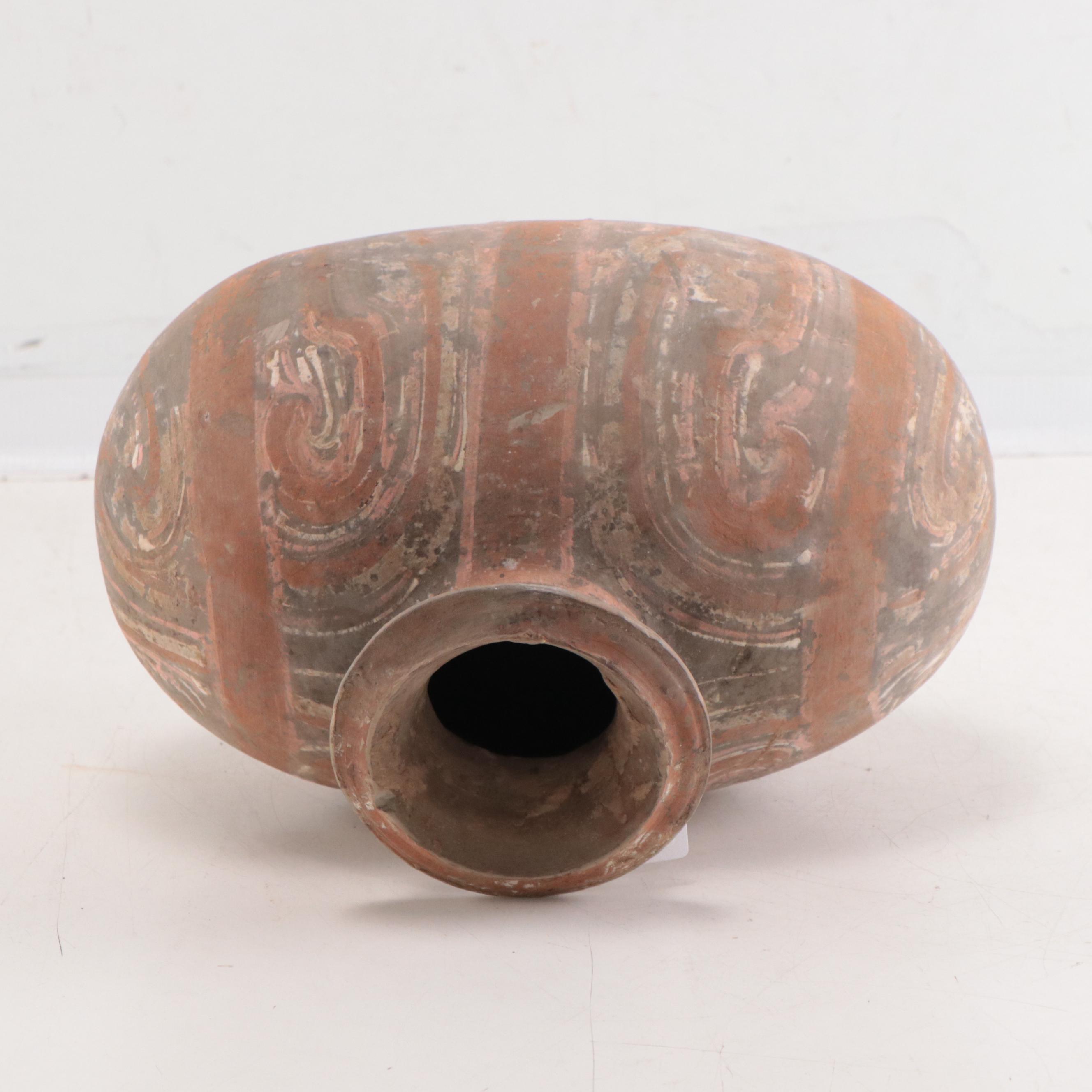 Chinese Han Earthenware Cocoon Jar With Swirling Cloud Motif, 202BC - 220AD