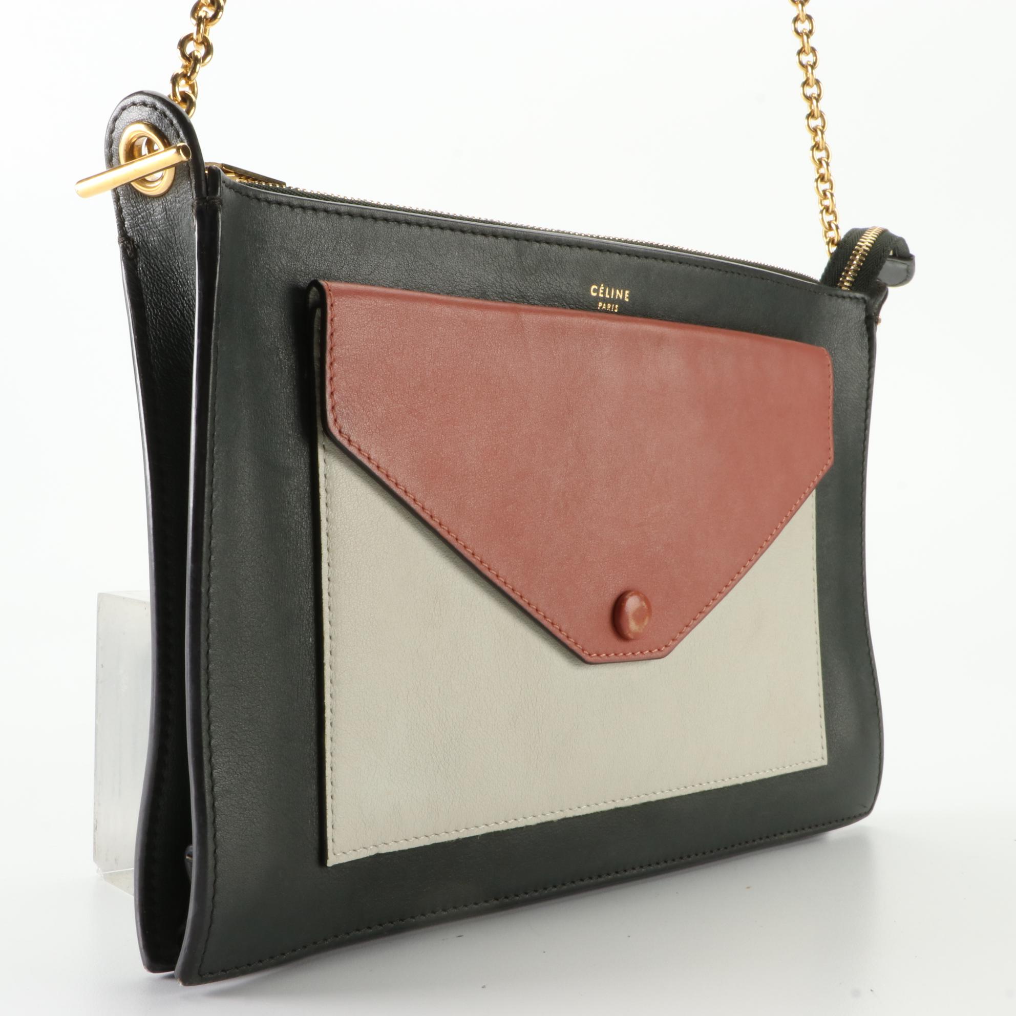 Céline Pocket Clutch in Tri-Color Calfskin Leather with Chain Strap