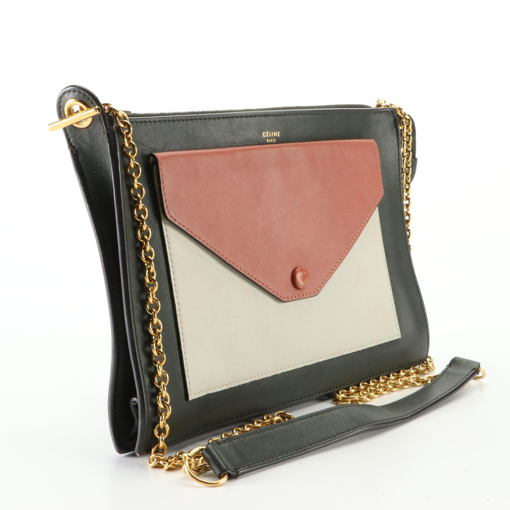 Céline Pocket Clutch in Tri-Color Calfskin Leather with Chain Strap