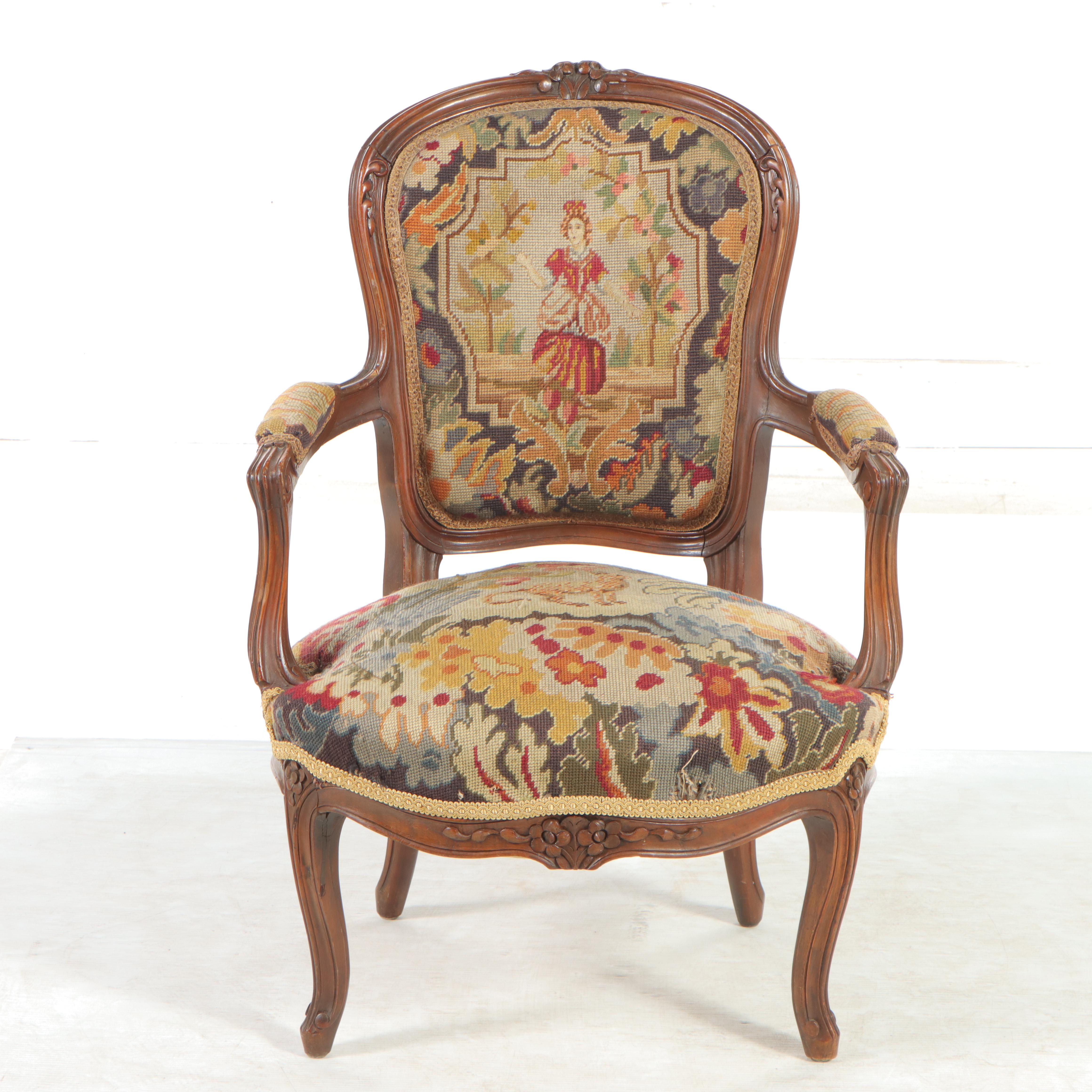 Victorian Rococo Revival Walnut and Needlepoint Upholstered Armchair