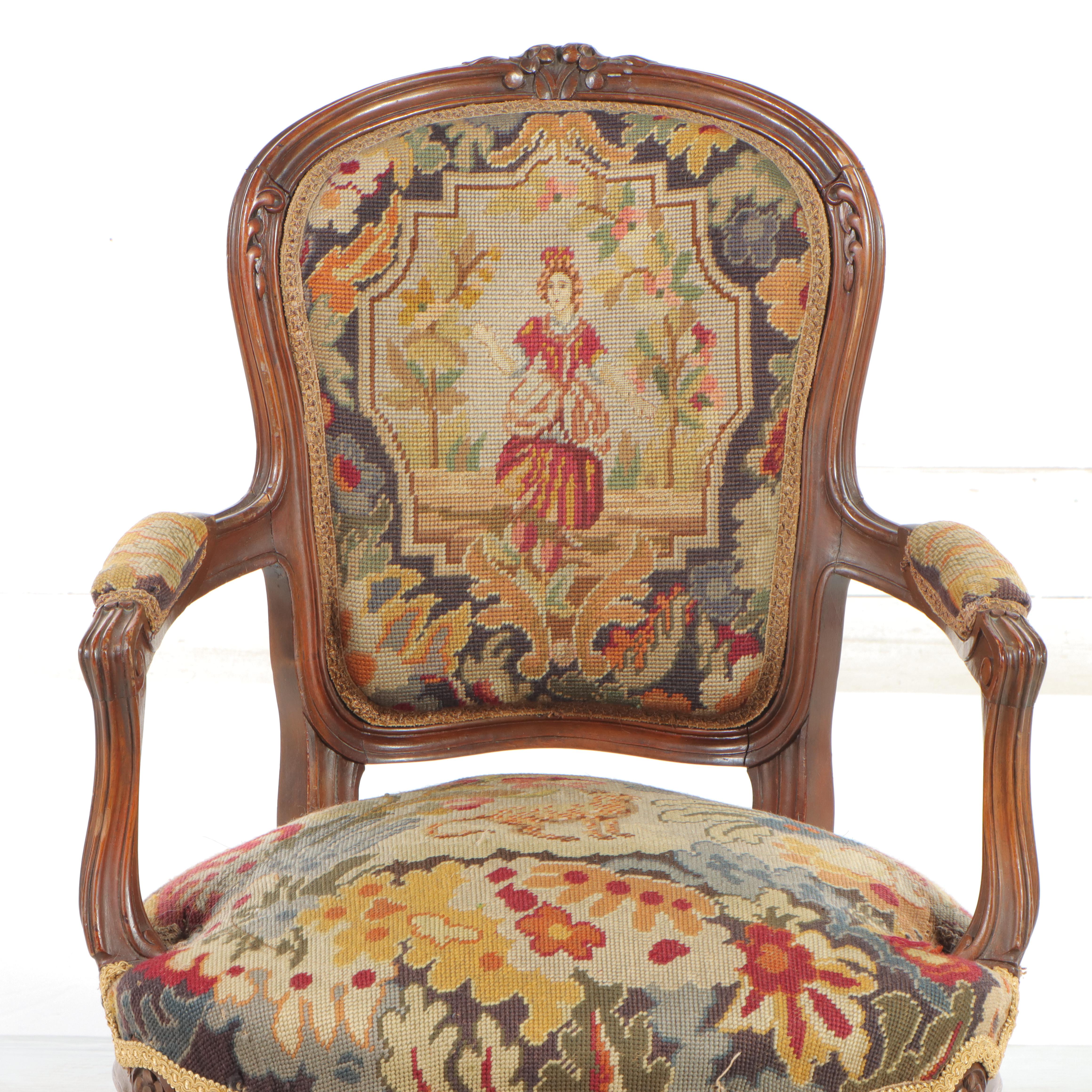 Victorian Rococo Revival Walnut and Needlepoint Upholstered Armchair