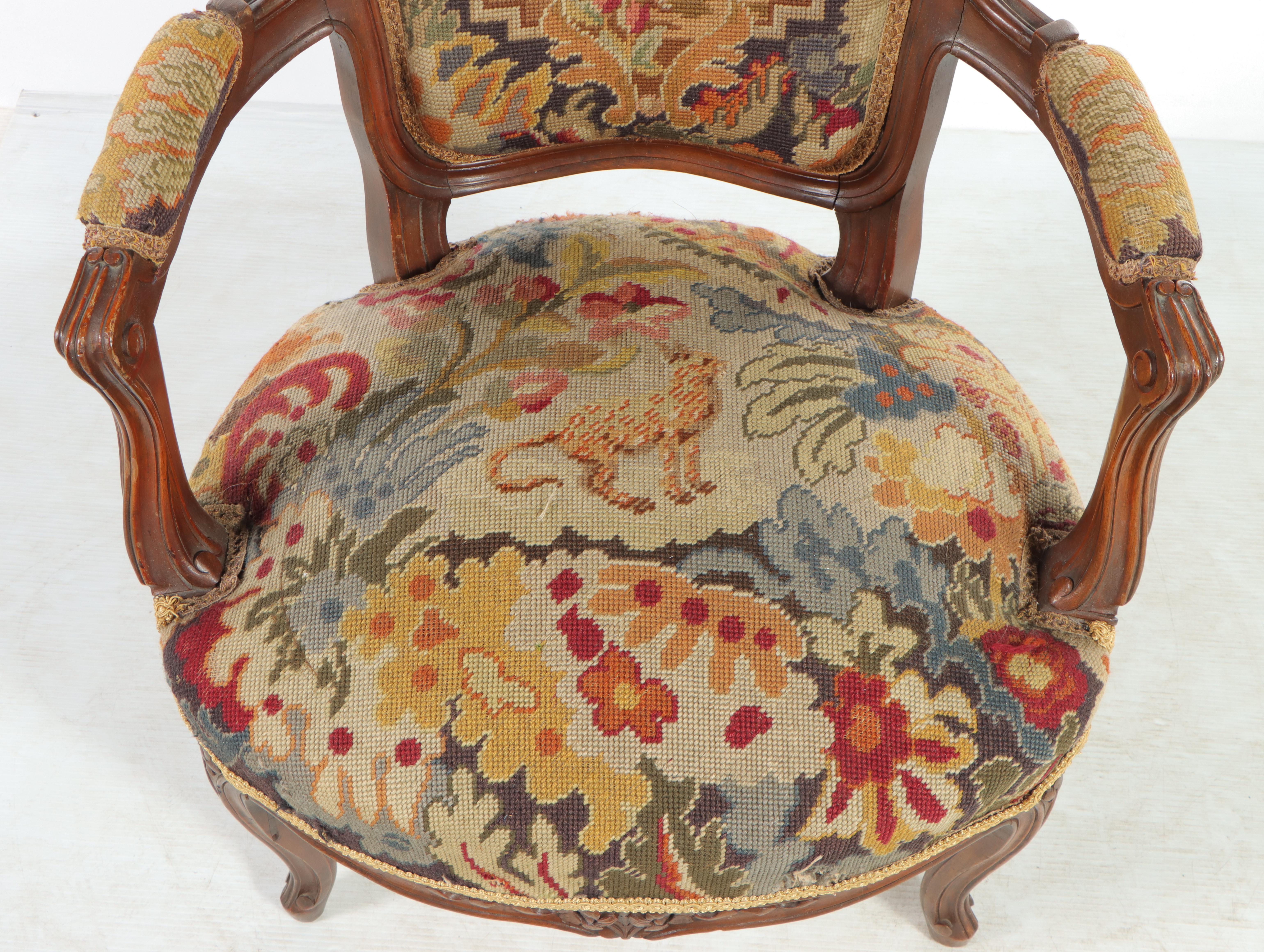 Victorian Rococo Revival Walnut and Needlepoint Upholstered Armchair