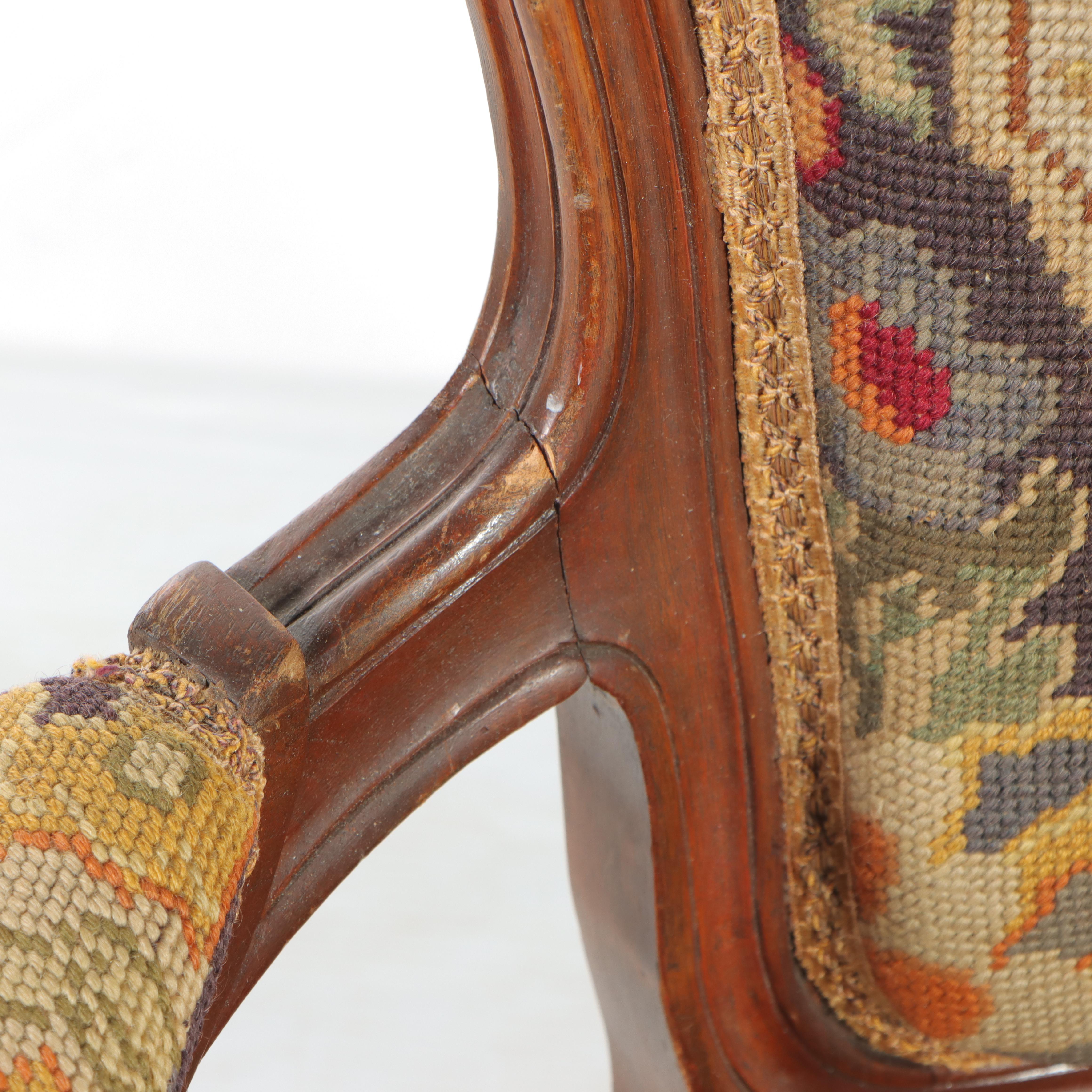 Victorian Rococo Revival Walnut and Needlepoint Upholstered Armchair