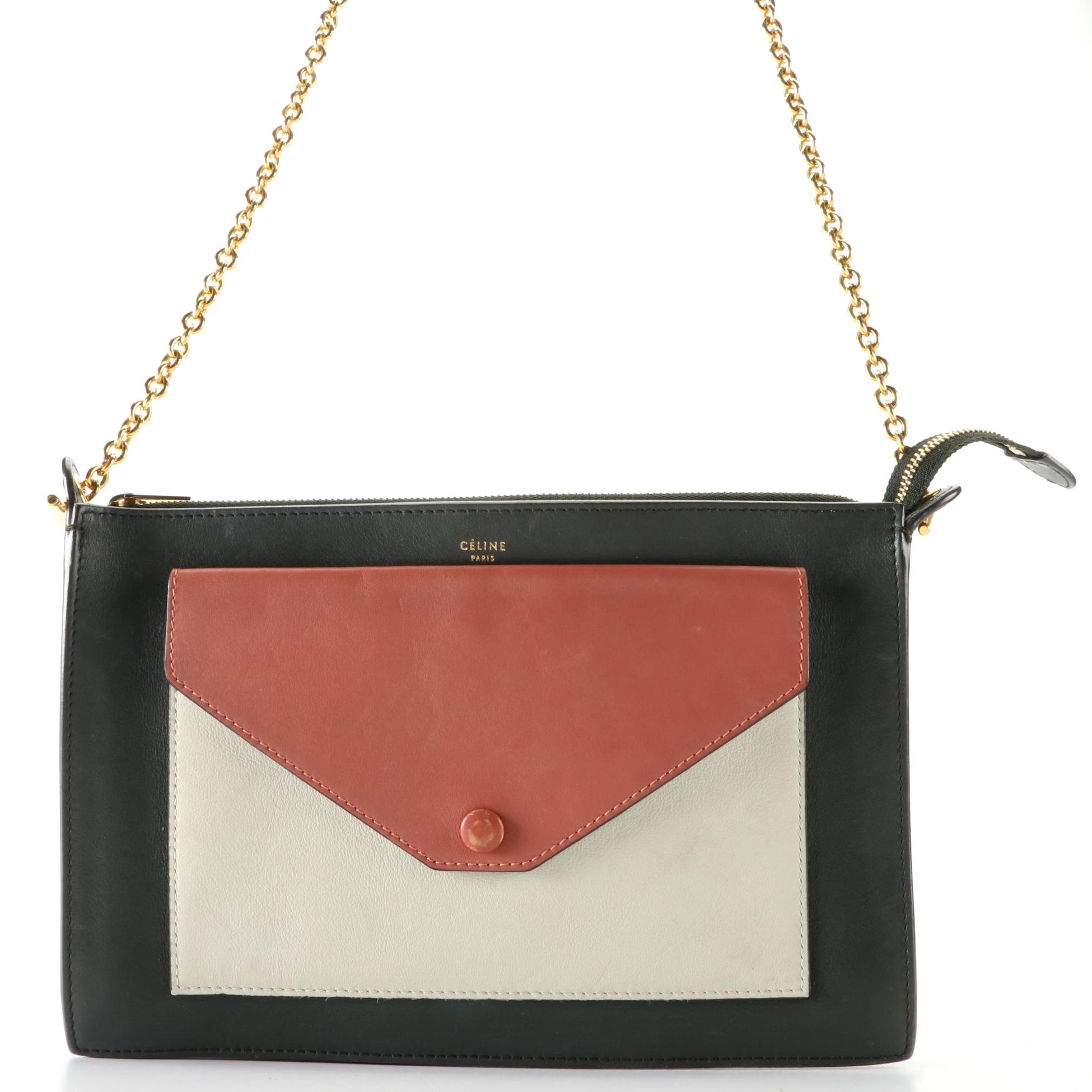 Céline Pocket Clutch in Tri-Color Calfskin Leather with Chain Strap