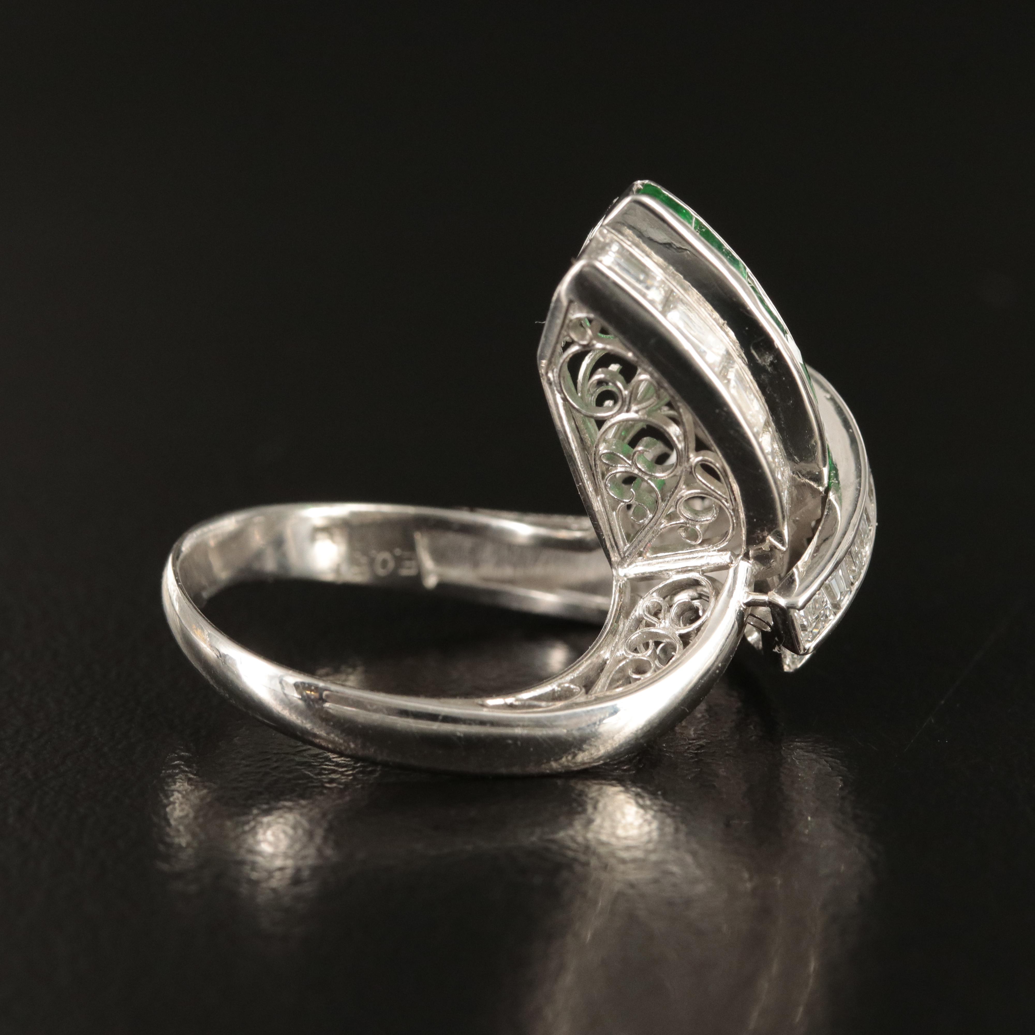 Platinum 1.45 CTW Diamond and Emerald Ribbon Ring