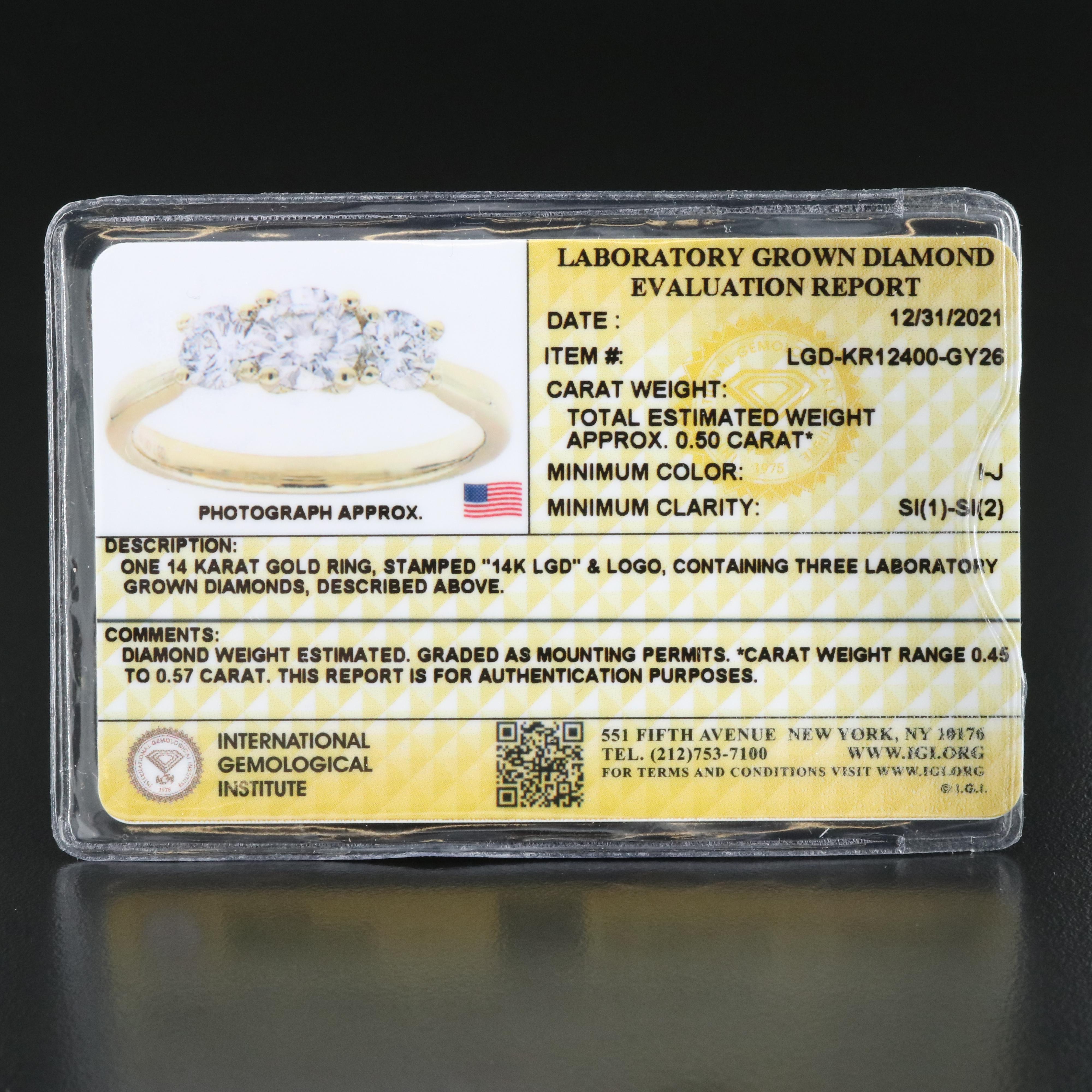 14K 0.45 CTW Lab Grown Diamond Ring with IGI Report