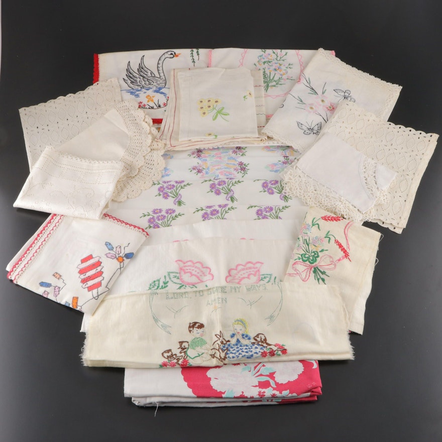 Embroidery and Lace Embellished Table Linens, Mid-20th Century