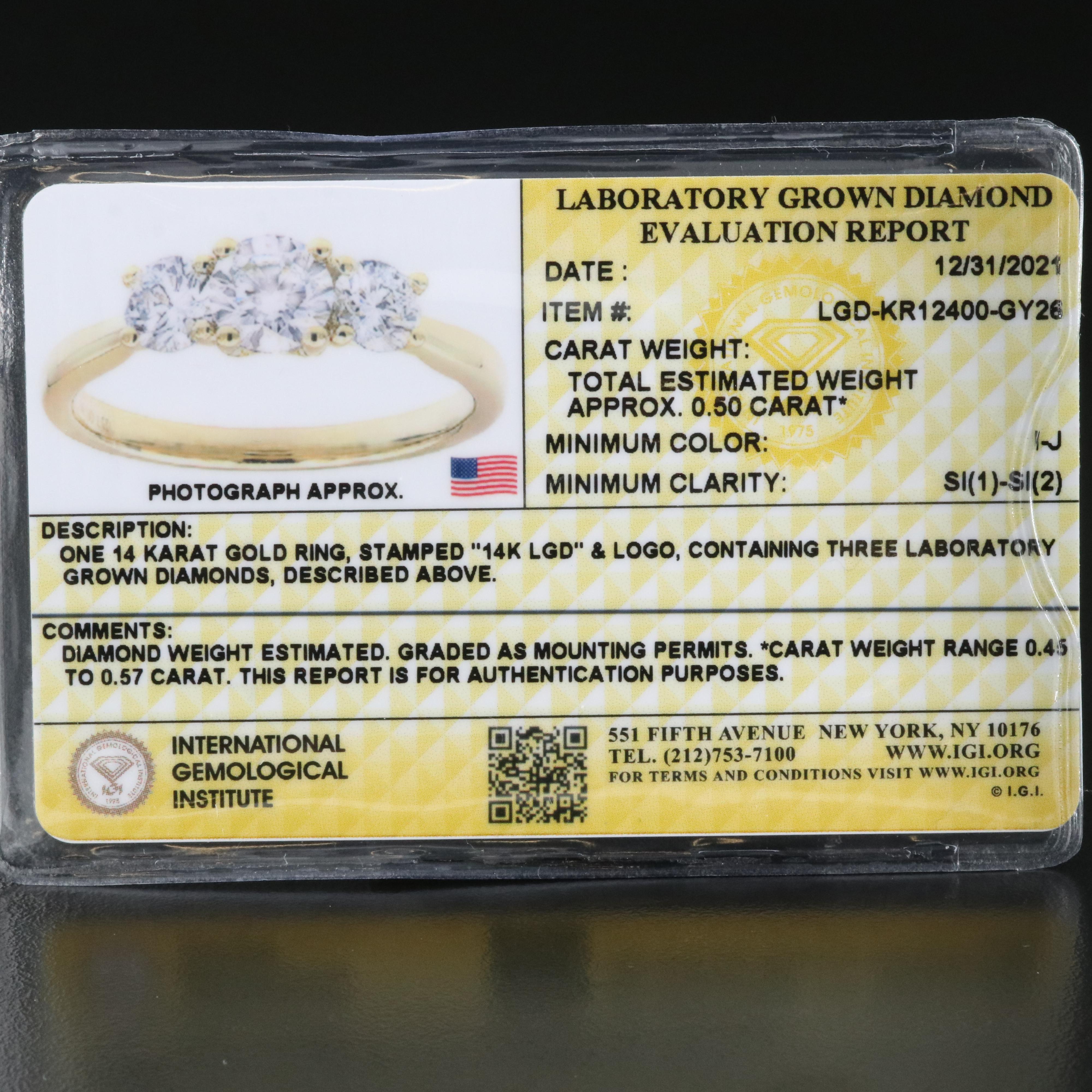 14K 0.53 CTW Lab Grown Diamond Ring with IGI Report