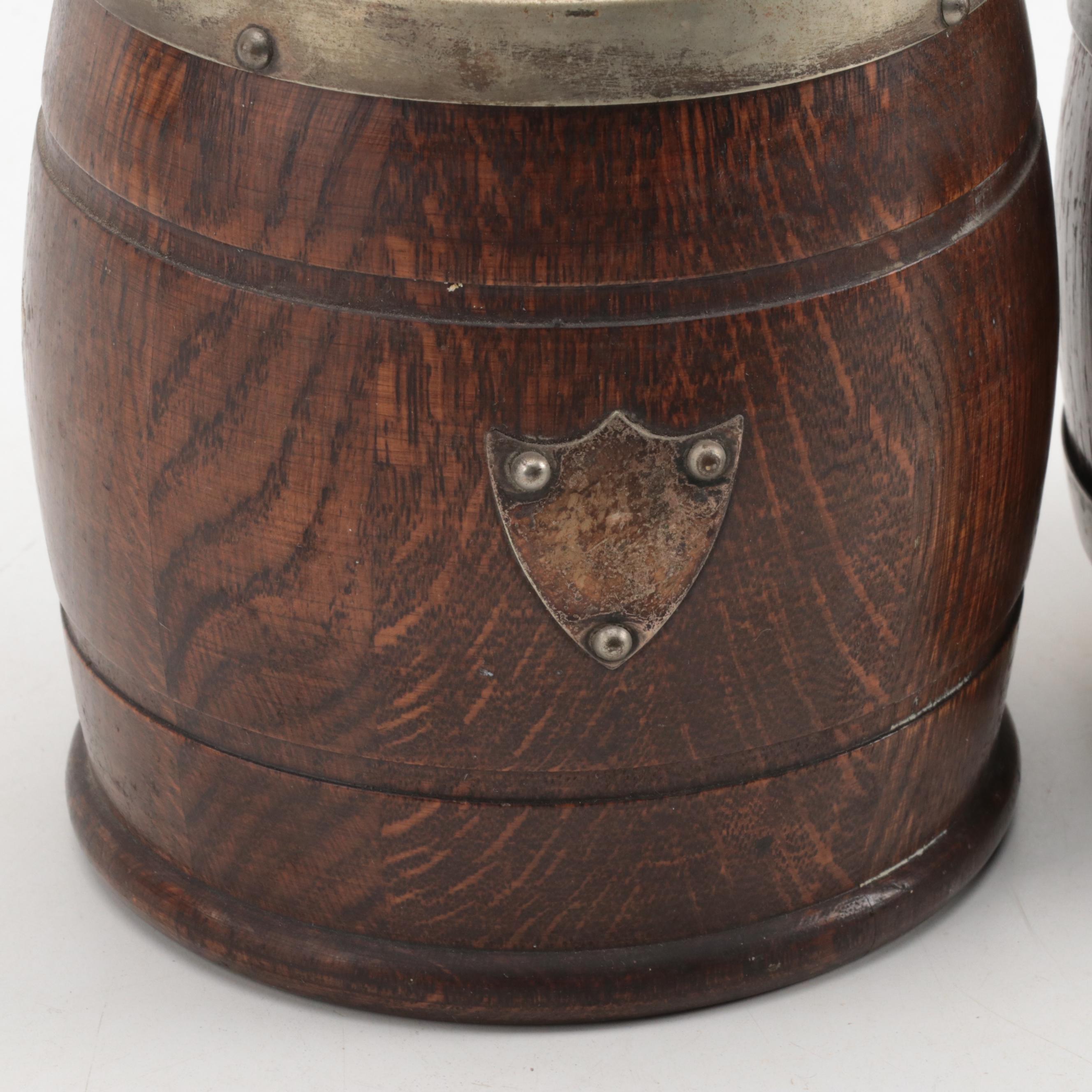 Victorian Oak and Silver Plate Barrel-Form Biscuit Barrels, Late 19th Century